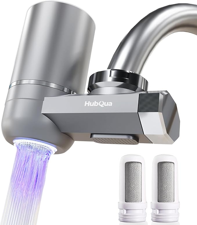 HubQua EcoUV - Filtro Agua Grifo - Purificador de Agua con Tecnología UV Bacteriostática - Filtro de Agua para Grifo con 2 Cartuchos de Fibra de Carbono