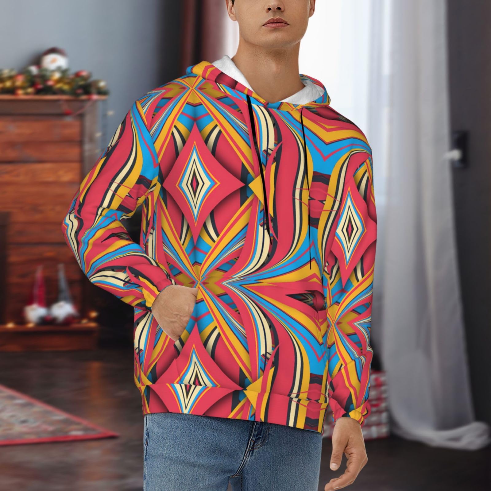 Męska bluza z kapturem w kolorowe paski, swobodny nadruk graficzny sweter z kapturem koszule z kieszenią