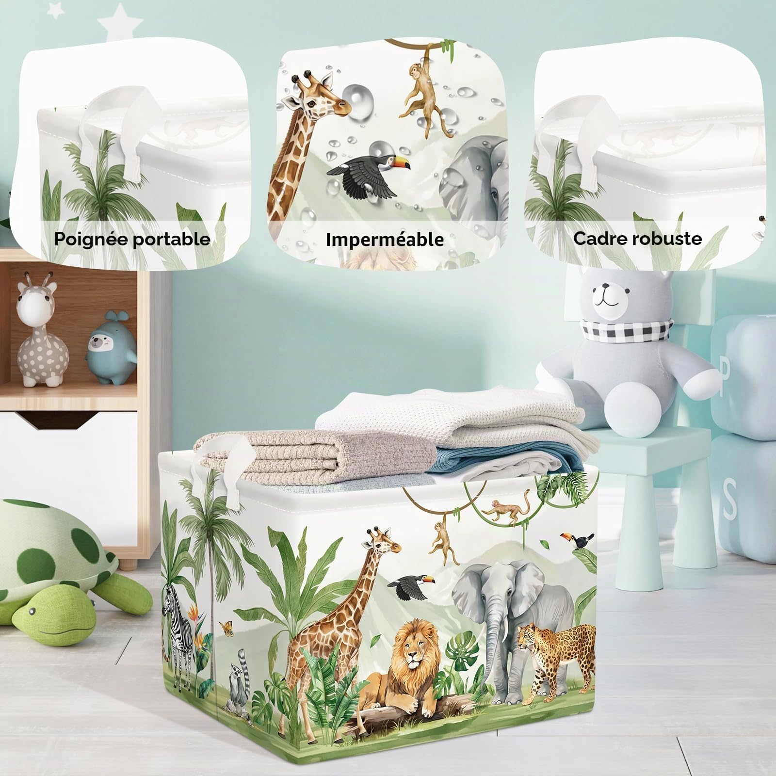 Grand Paniers à Linge Animaux Safari pour Garçon Fille Girafe Lion Repliable Panier Rangement Jouets Vêtements pour Salle de Bain Chambre à Coucher, Singe, 36L