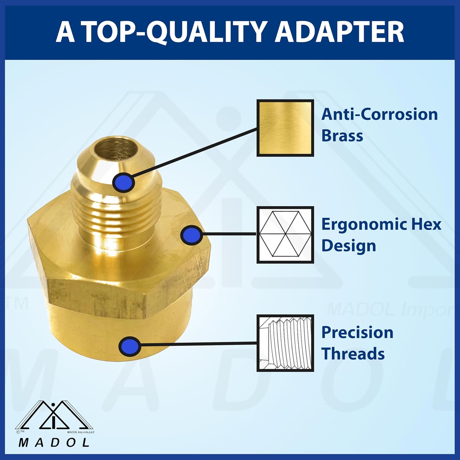 Connector Fitting, Adapter Coupling for LPG Natural Gas Propane BBQ RV Fuel Line Applications 3/8” Male Flare 45° (Actual Diameter 5/8 in) x 3/4” Female NPT (Actual Diameter 1 inch) Brass