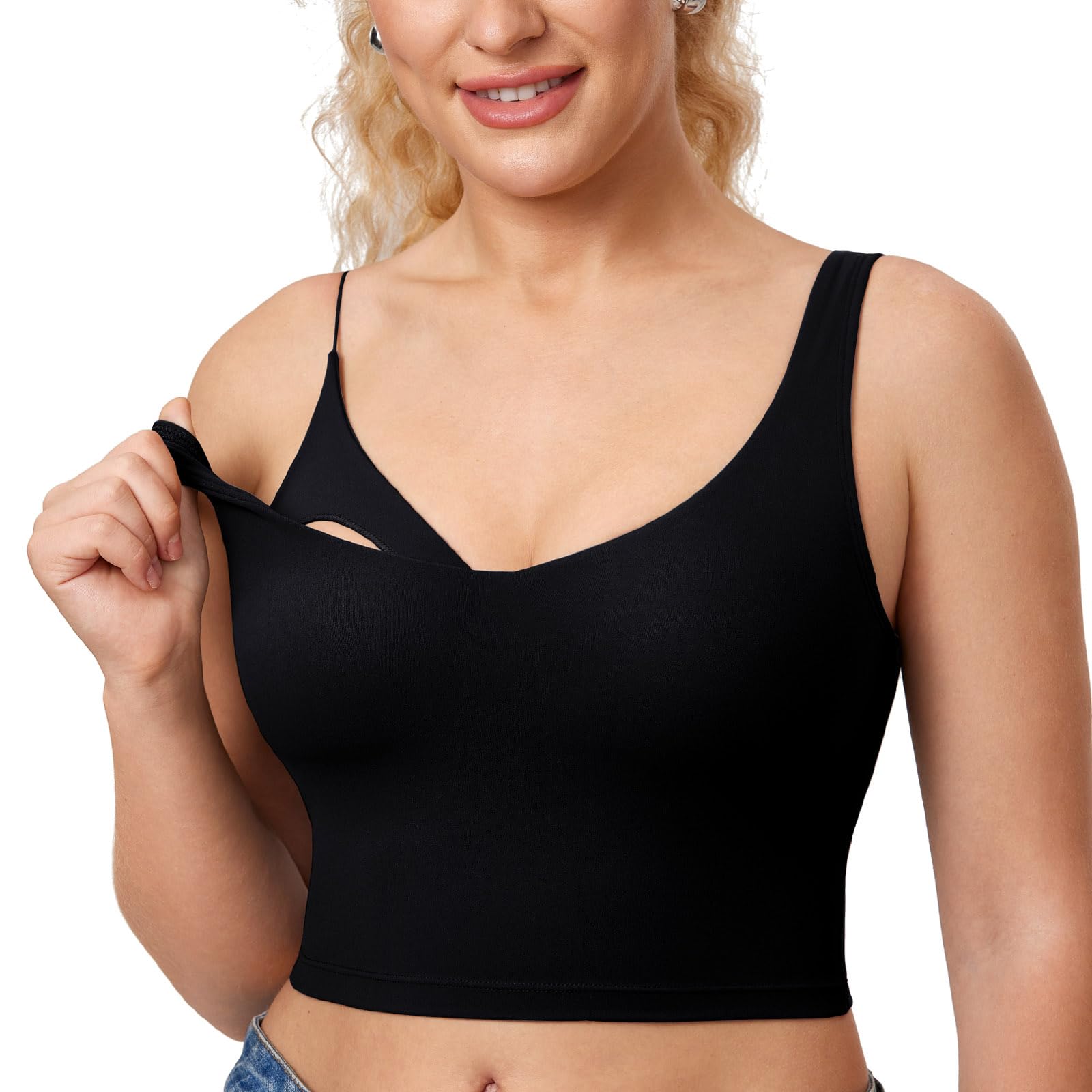 MOMANDA Damen Still BH Longline V-Ausschnitt Sports Crop Top mit Herausnehmbare Polster