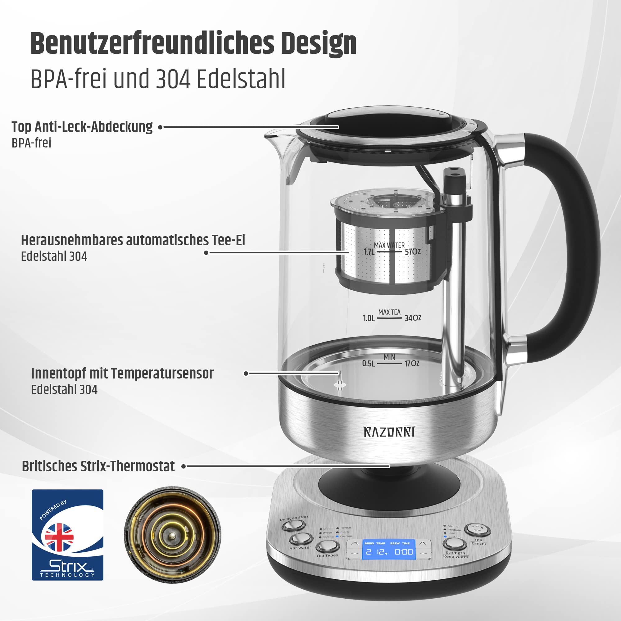Razorri Elektrischer Teezubereiter - 1,7 L, automatisch anhebender Teekorb BPA Free, 5 Teesorten und 3 Brühstärken, Warmhalten bis zu 60 Minuten, programmierbare Zeit für Teezubereitung, mit Edelstahl
