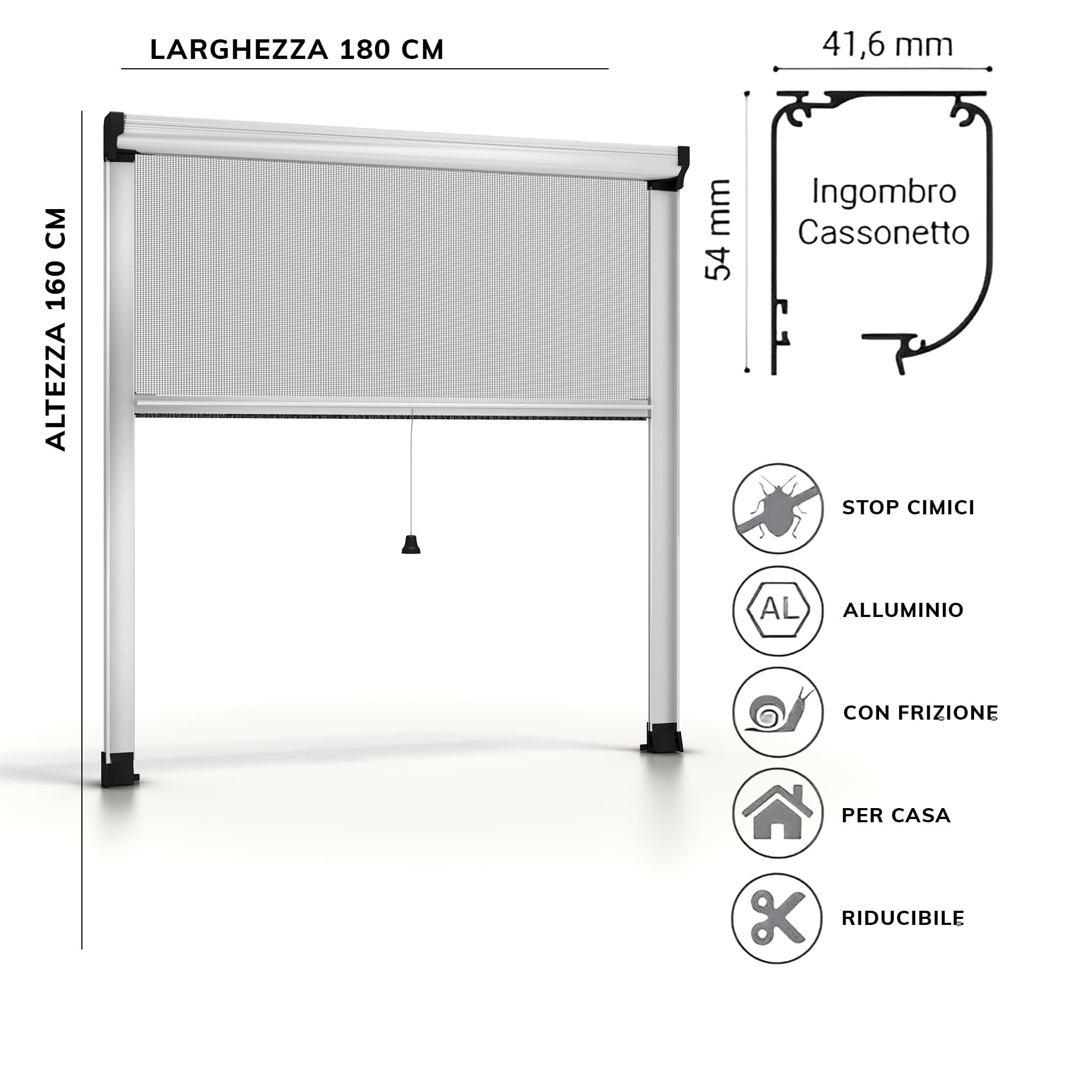 ESTO Zanzariera a rullo per Finestra Diverse Misure e Colori, Zanzariera Finestra Rete, Incasso per Finestre Scorrevole con Rotolo e Telaio Bianco/160 cm/180 cm