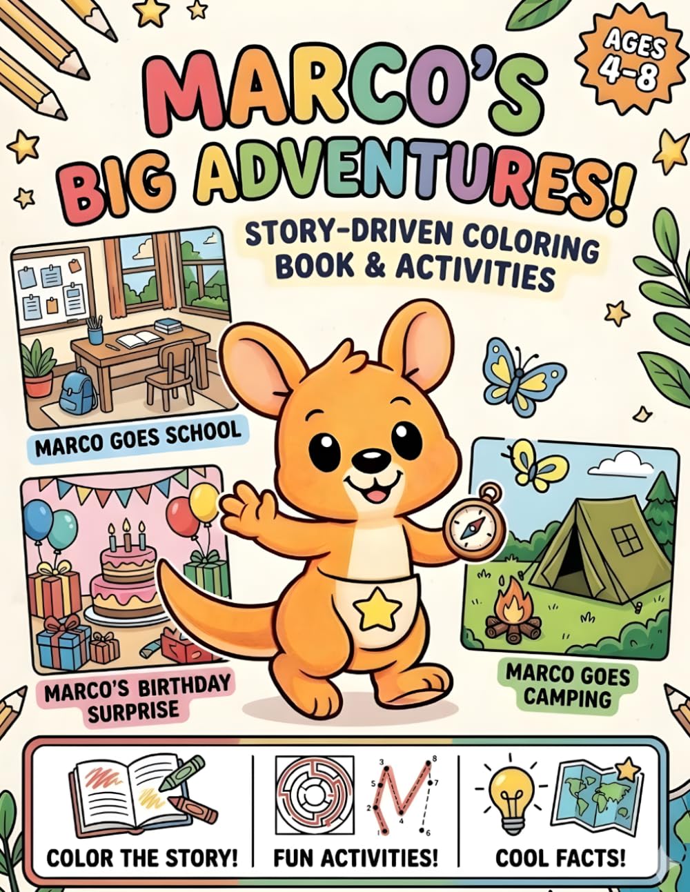 Marco's Big Adventure Coloring Book: 3 Stories in 1 – Birthday Surprise, School Fun & Camping Adventure for Kids Ages 3-8: Story-Based Coloring Book ... for Kids (Marco the Kangaroo Adventures)