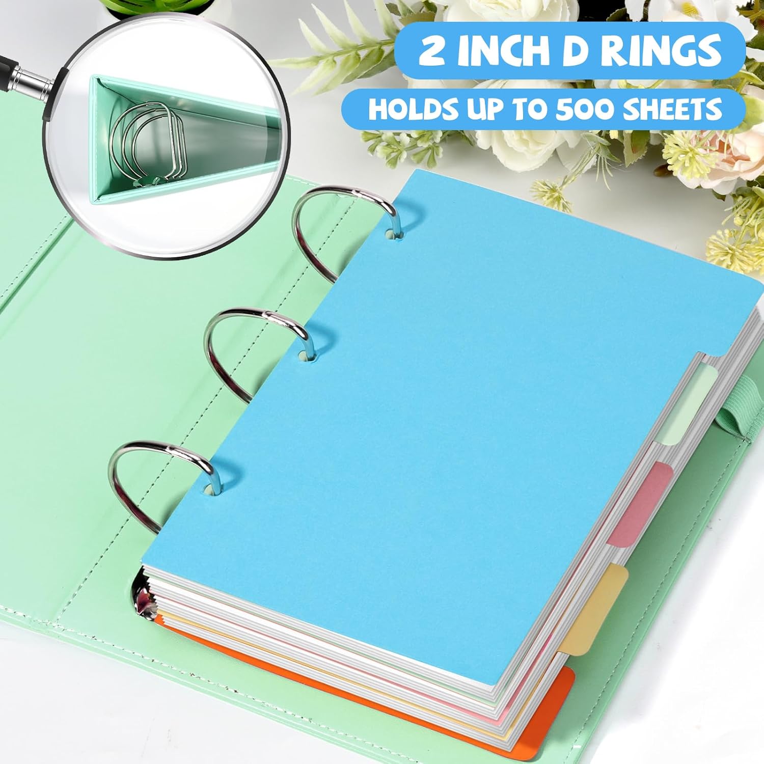 2 Pack 3 Ring Binder Junior Size Pu Leather Binder 2 Inch D Rings with 5 Colors Dividers 5.5" x 8.5" Holds Up to 500 Sheets with Pen Loop Pocket Small Binder for Office School
