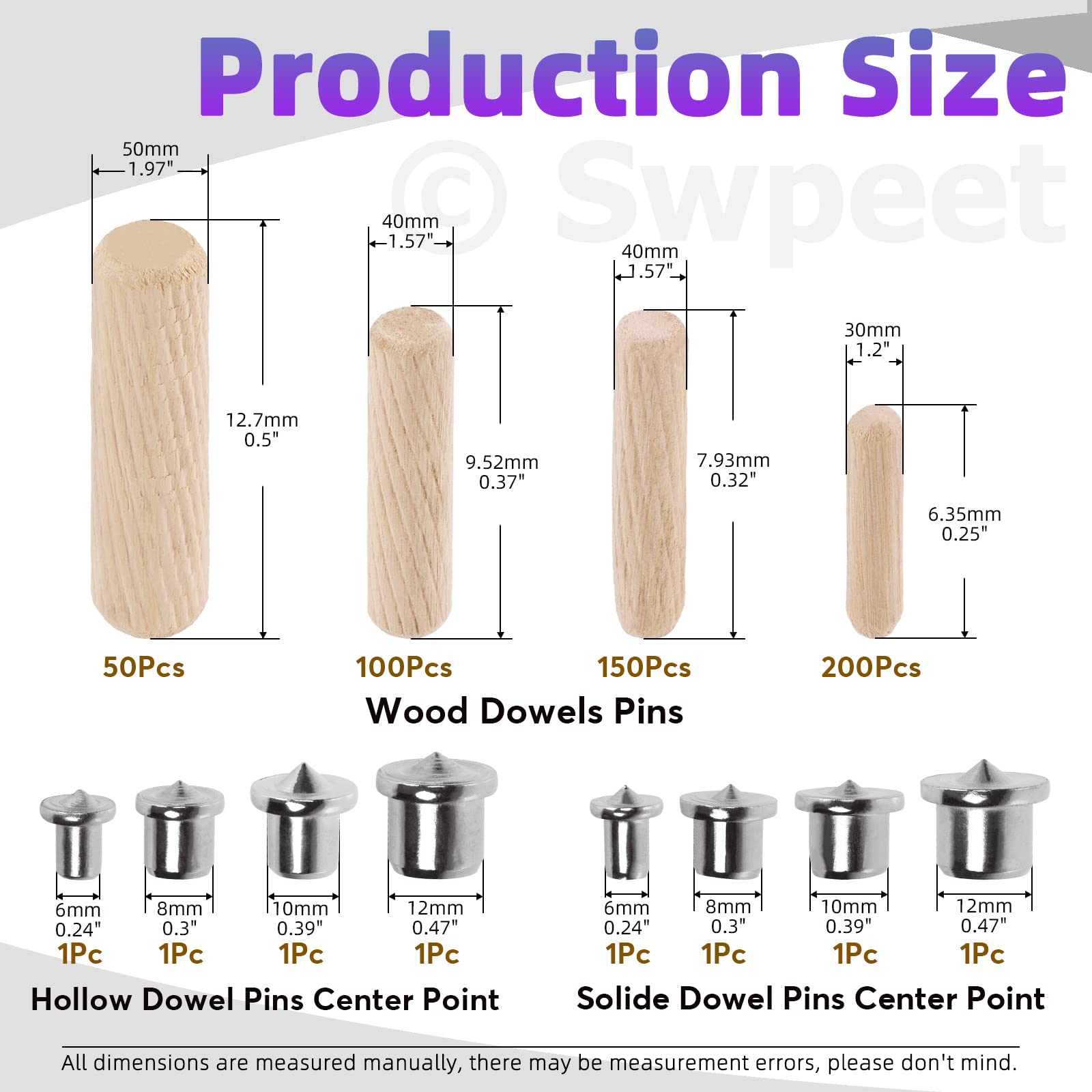 Swpeet 505 pezzi 4 misure 1/4" 5/16" 3/8" 1/2" perni di legno scanalati dritti con cilindro centrale tasselli in legno, kit assortimento, tasselli e tenoni centrali di trasferimento punto per mobili