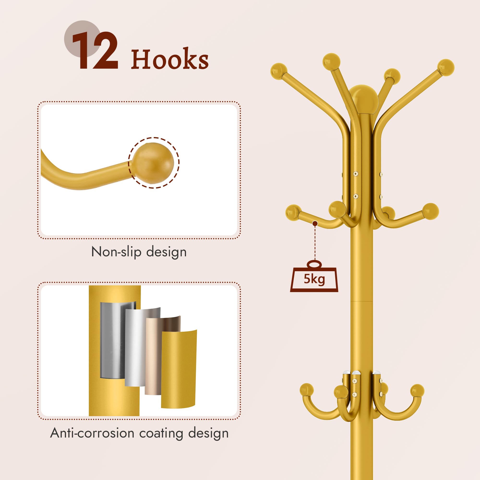 FAVOOSTY Appendiabiti con Portaombrelli, Appendiabiti con 12 Ganci, Supporto per Giacche, in Piedi, per Soggiorno, Camera da Letto (Oro)