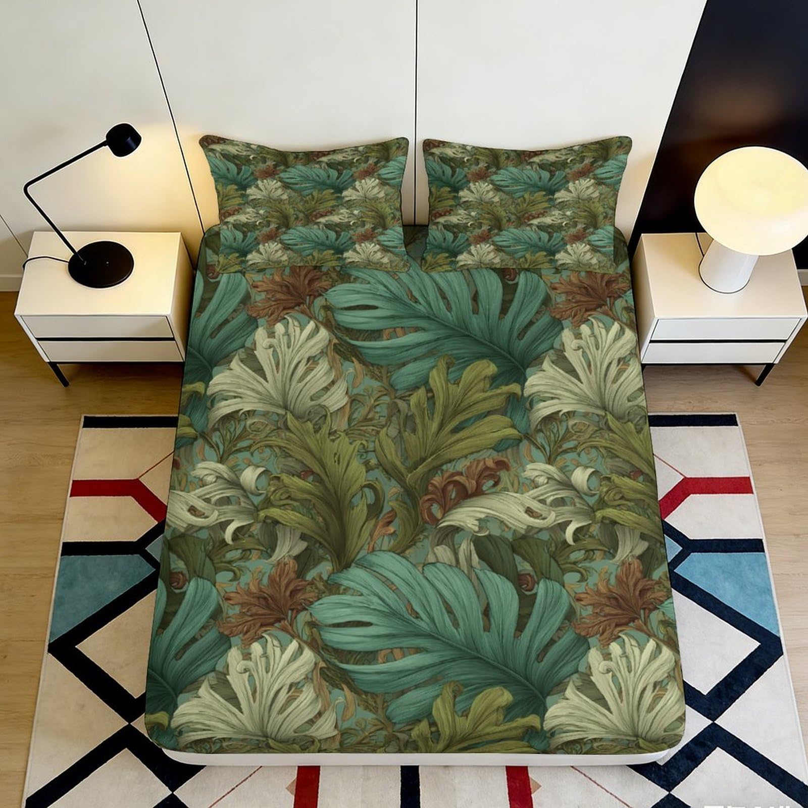 3D Printed Tropical Leaf Fitted Sheet Microfiber Soft Breathable Botanical Mattress Cover for Bedroom Dormitory Guest Room Protection and Decor 140x200x25cm