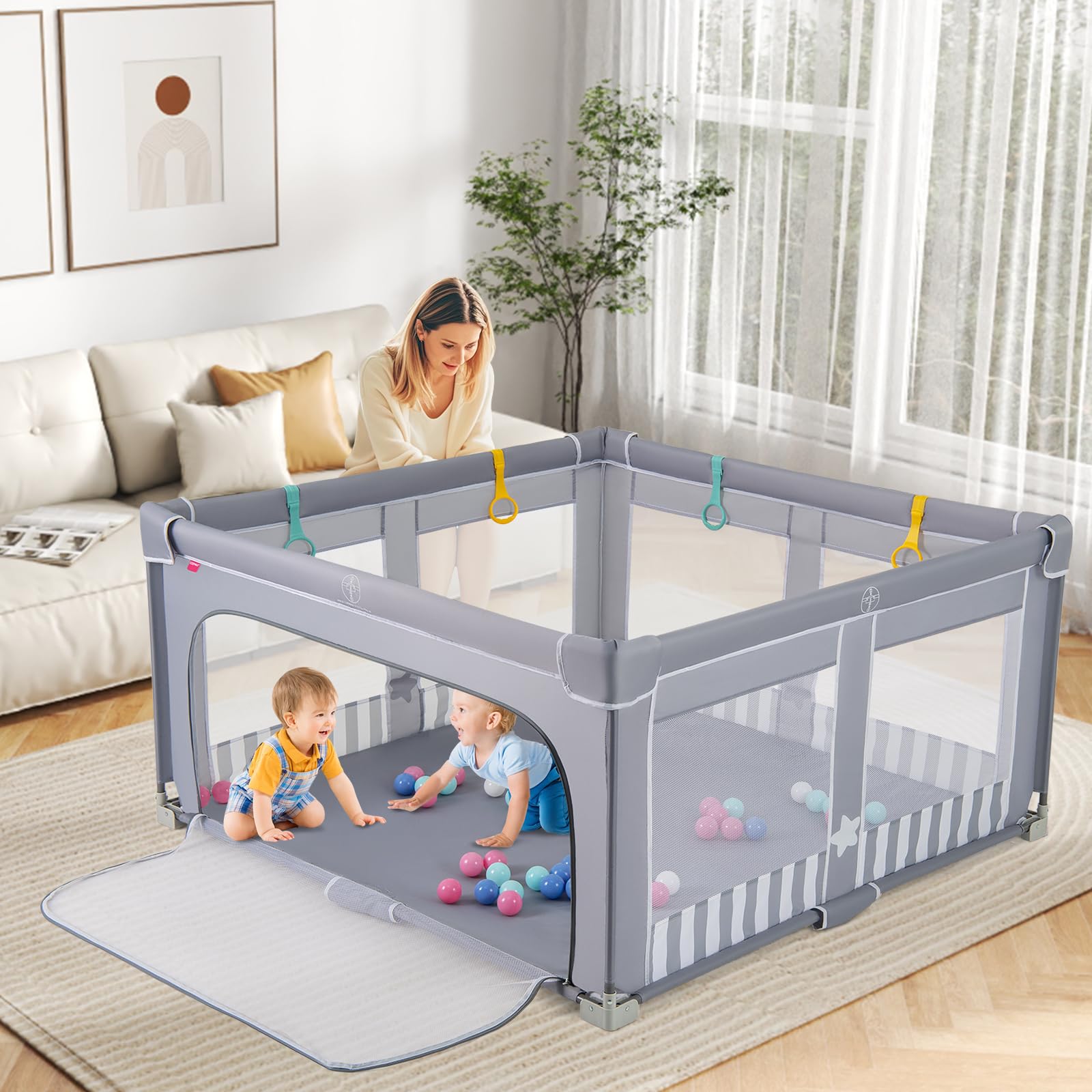 LIFEZEAL Parc Bébé Pliable avec 4 Anneaux, 50 Boules, Porte à Fermeture éclair, Sac de Rangement, Aire de Jeu Bebe en Tissu Oxford, Centre d'activité Enfant 0-3 ans (Gris, 150 x 150 x 76,5 cm)