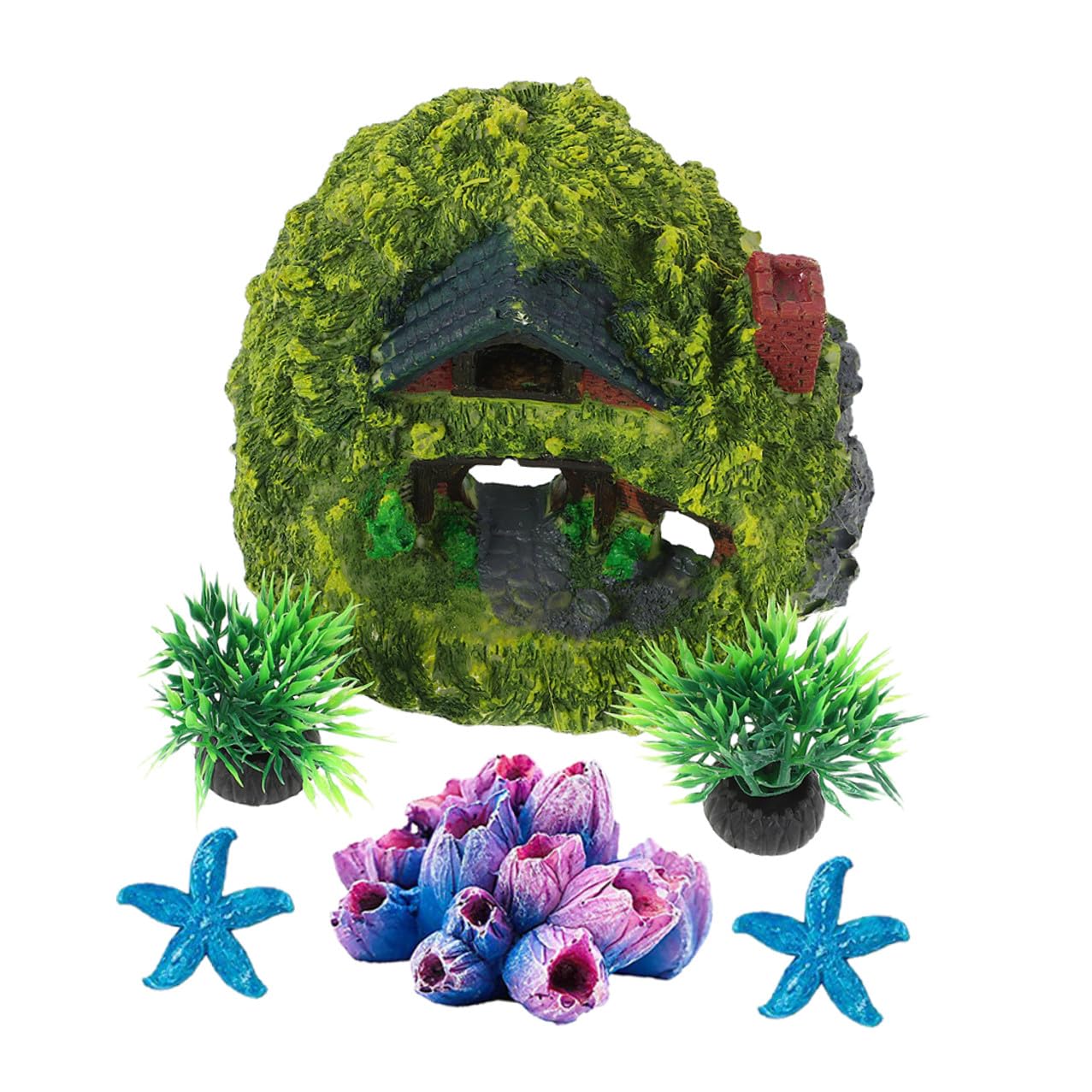 Aquarium Ornaments 6pcs Resin Reptile Hideout Cave with Double-Layer Hobbit House and Coral Set for Fish Tank Decoration