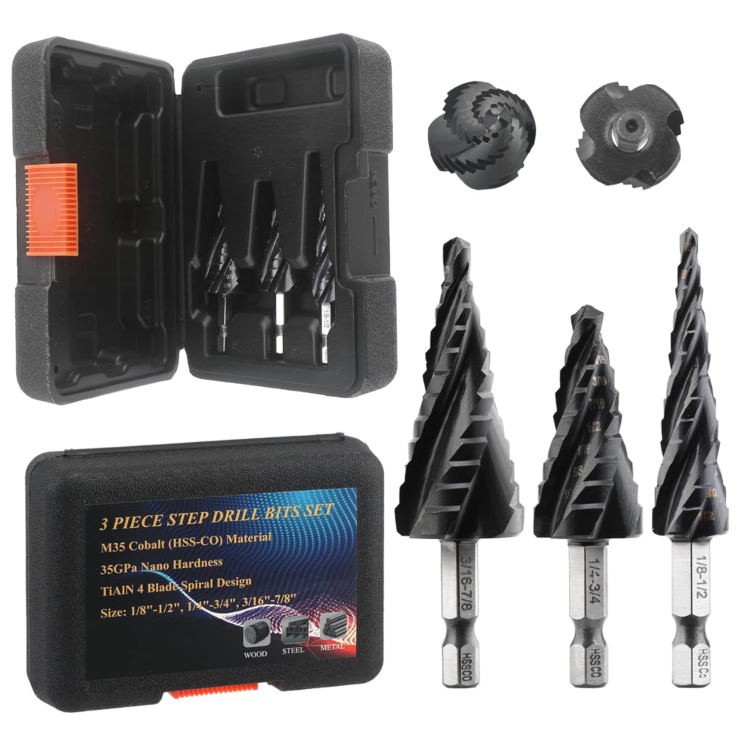 CKductpro M35 Cobalt Four Spiral Flute Step Drill Bit,1/8"-7/8" (3 pcs) Impact Resistant M35 HSS AlTiN Coated,1/4" Hex Shank Step Bit for Hole Drilling in Stainless Steel Copper