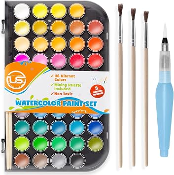 Watercolor Paint Set- 48 Colors Washable Water Paint with Palette, 3 Brushes & Refillable Water Brush Pen, Non Toxic, for Kids, Beginners, Adults & Artists