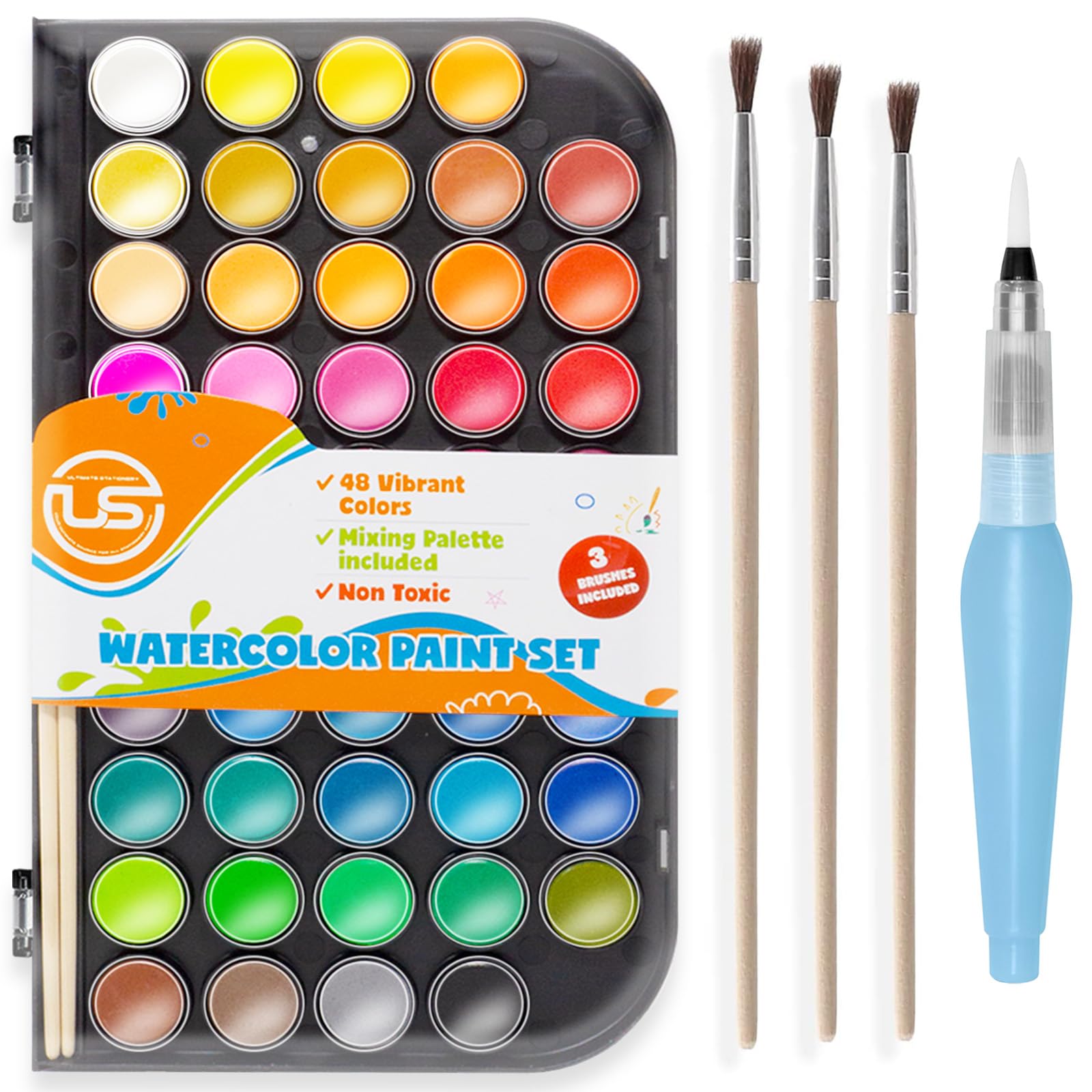 Watercolor Paint Set- 48 Colors Washable Water Paint with Palette, 3 Brushes & Refillable Water Brush Pen, Non Toxic, for Kids, Beginners, Adults & Artists