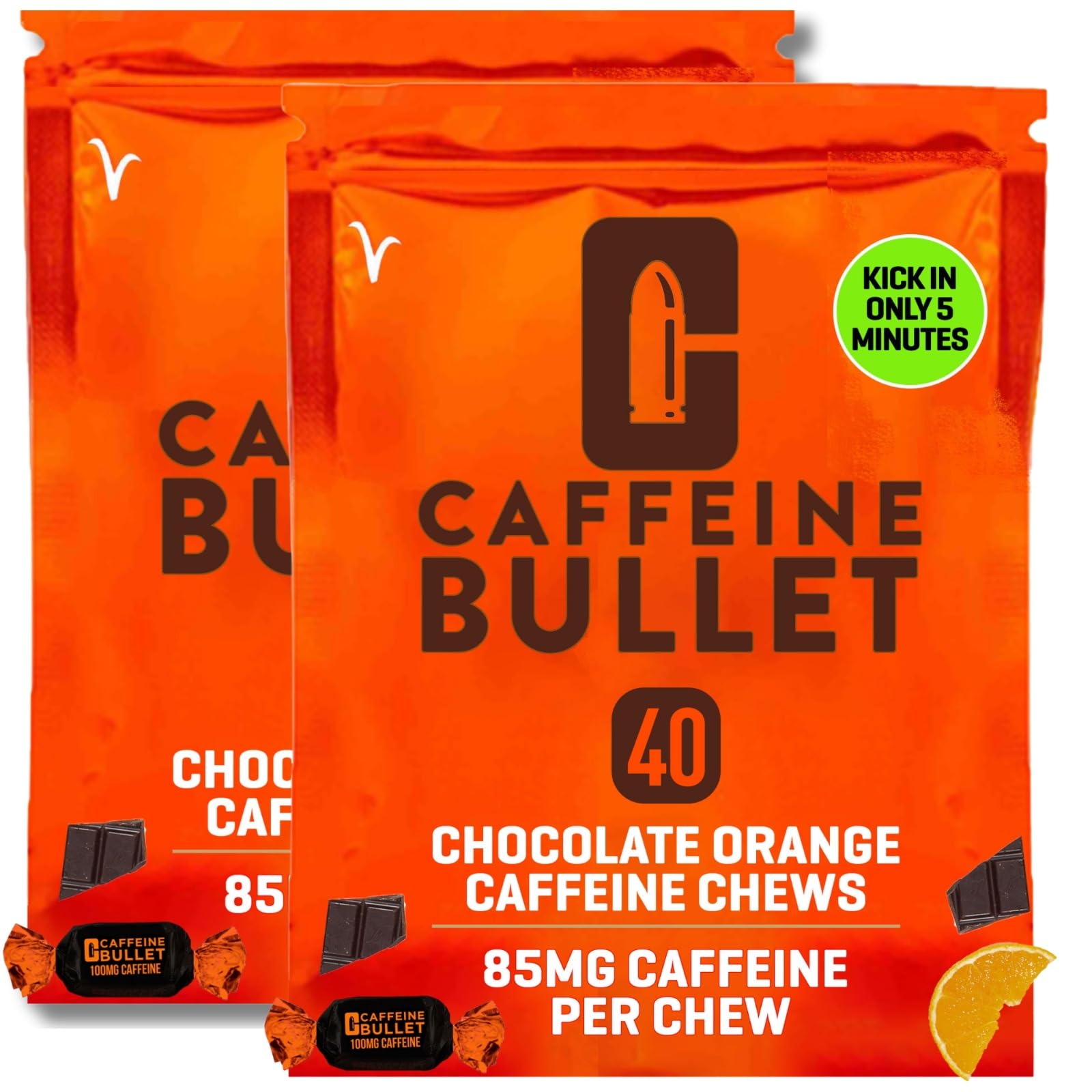 Caffeine Bullet Energy Chews - Chocolate Orange. 80 * 85mg - Faster Kick Than Pills, Gels and Gum. Sport Science for Running, Cycling, Gaming & A Pre Workout Endurance Boost.