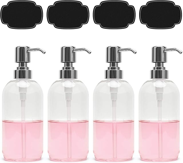 ULG 16 oz Soap Dispensers Bottles 4 Pack BPA Free Plastic Clear Liquid Hand Lotion Dispensers Empty Boston Round Pump Bottles 500ml for Kitchen Bathroom Countertop