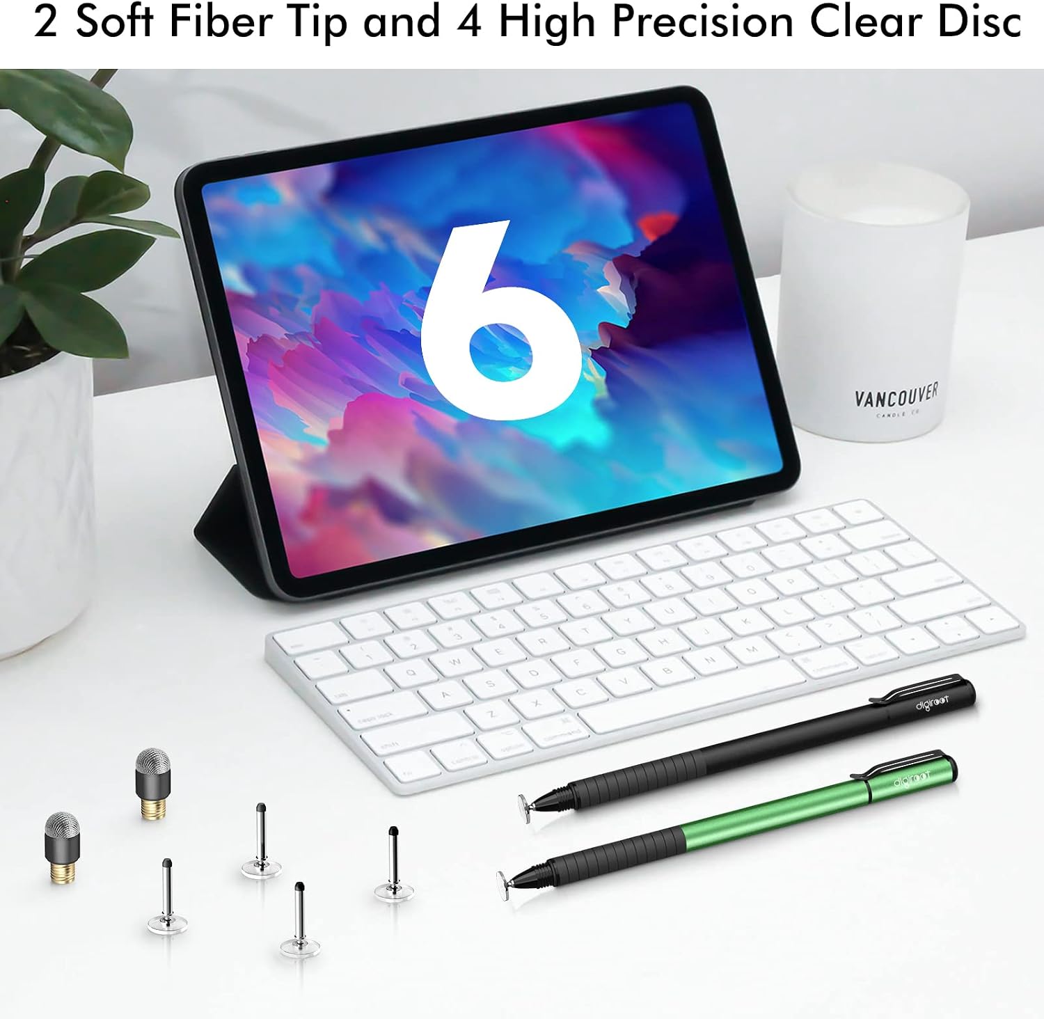 Digiroot (2Pcs) 2-in-1 Precision Stylus Disc Tip with Fiber Tip for Notes-Taking, Drawing, Navigation on Touch Screen (4 Discs, 2 Fiber Tips Included)- (Black/Green)