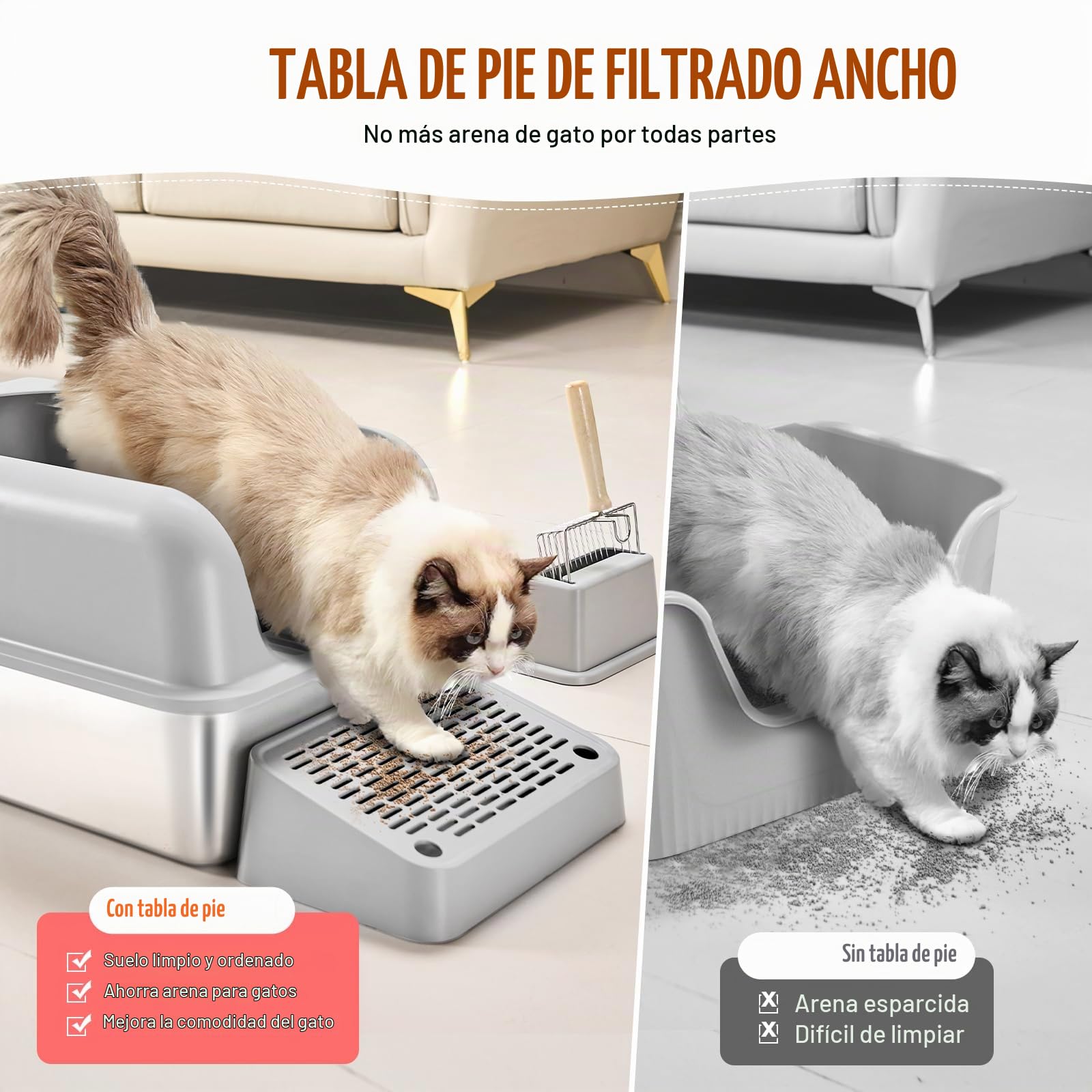 VEVOR Caja de Arena para Gatos 60 x 40 x 30 cm Arenero Extragrande de Acero Inoxidable con Pala, Tablero Ancho con Filtro y Lados Altos, Arenero Semiabierto sin Olores para Gatos Grandes, Gris Claro