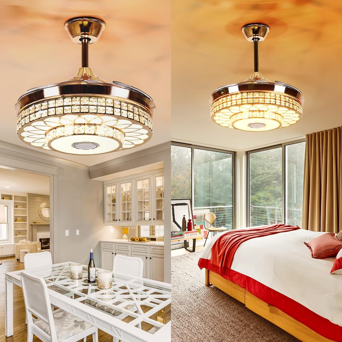 42 inch Ceiling Fan with Light and Remote Control 3 Lights Levels, Modern Crystal Retractable Chandelier Fans with Bluetooth Music Speaker for Living/Dining Room Bedroom