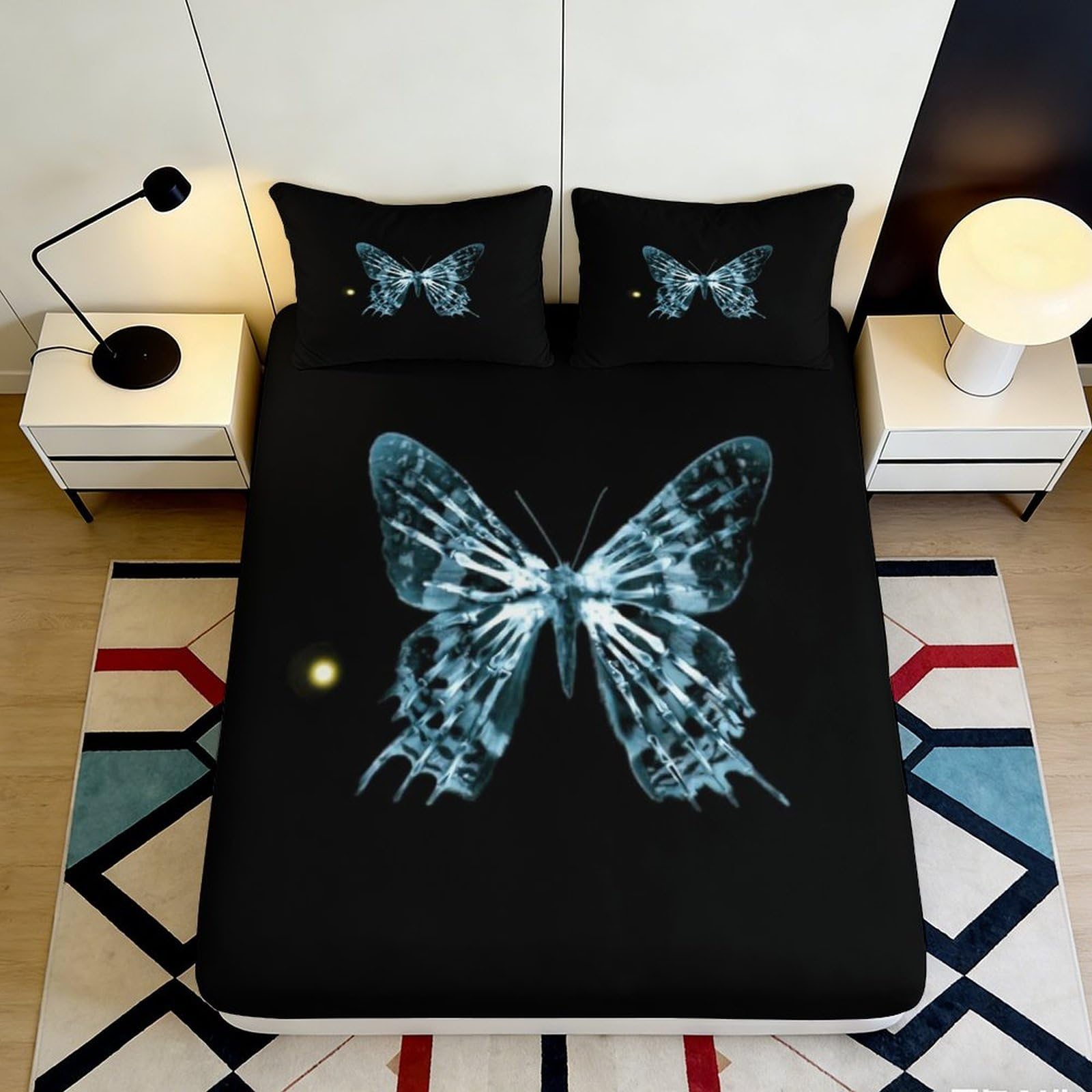 3D Printed Blue Butterfly Fitted Sheet Microfiber Soft Bed Sheet Artistic Black Bedroom Mattress Cover for Adult Teen Room Decor 90x200x25cm