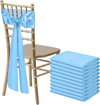 10 PCS Baby Blue Satin Chair Sashes Bows Universal Chair Ribbon Ties Back Sash for Wedding Party Reception Events Banquets Hotel Event Chair Cover Decoration 7x108 inch