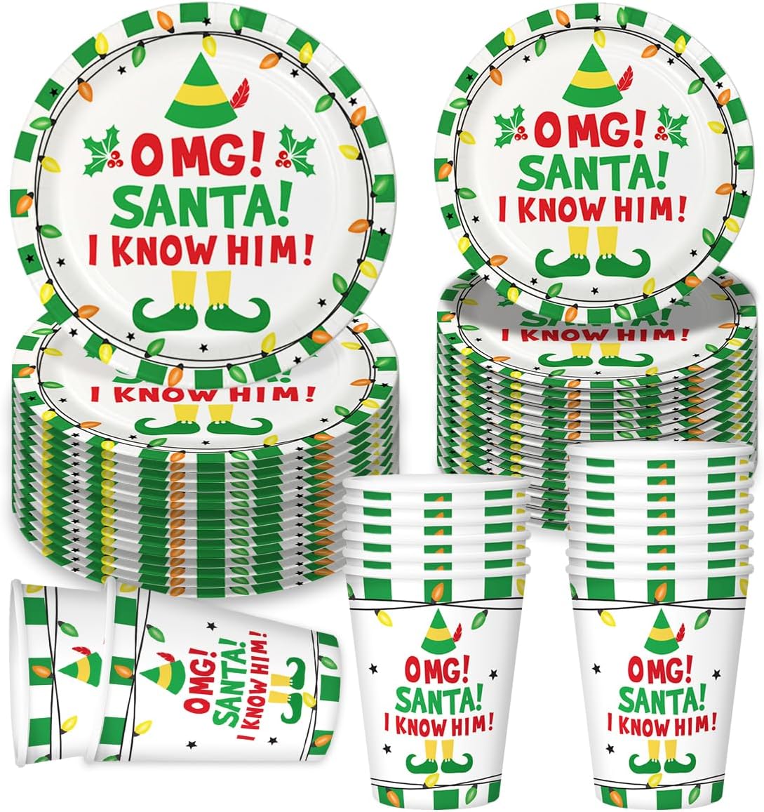 Aisosiks OMG Santa I Know Him Party Supplies Set Plates Cups, Funny Christmas Decorations, Funny Movie Decorations, DZ Christmas Party Decorations