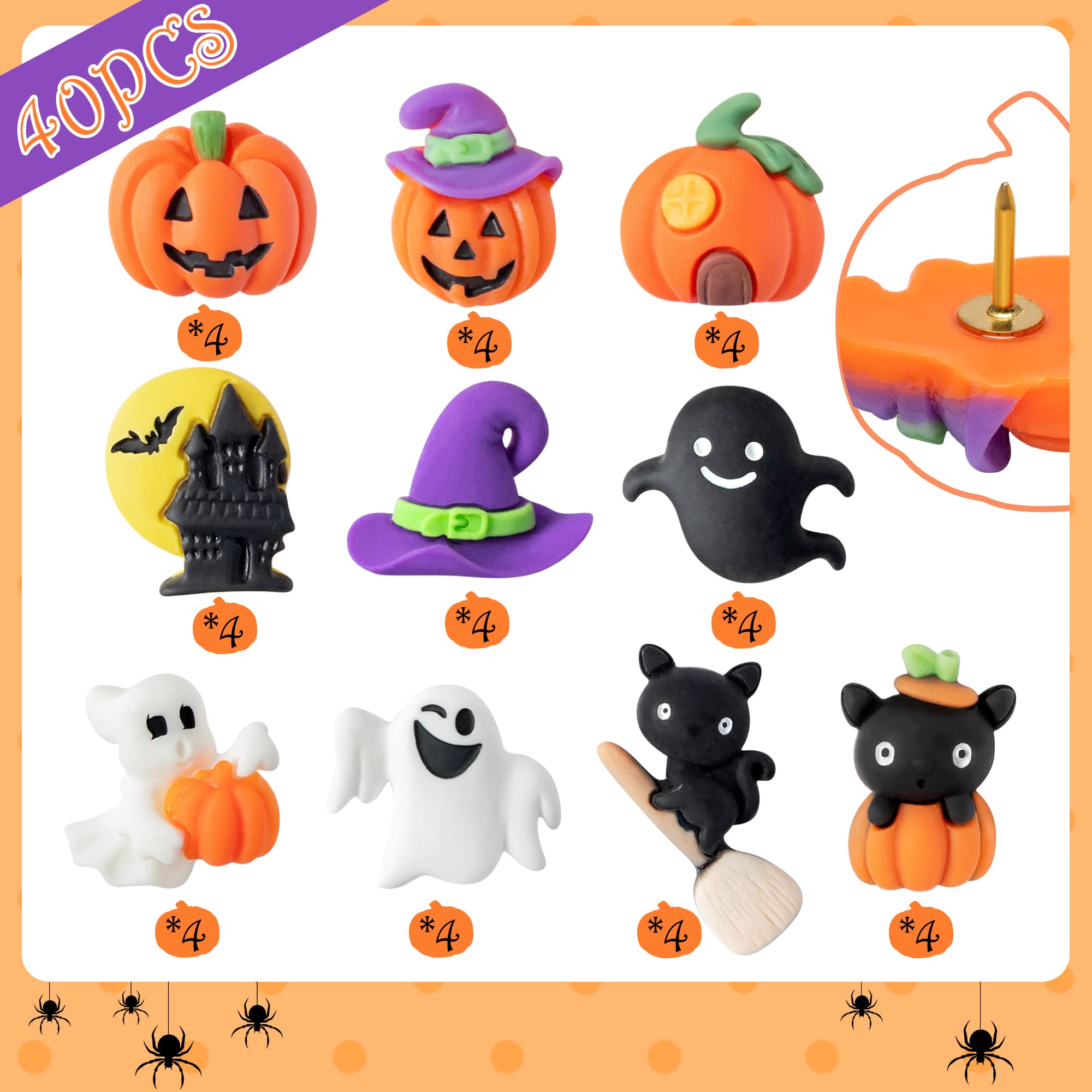 H1vojoxo 40 szt. przypinek na Halloween dekoracja na tablicę z korka, dekoracyjne pinezek na Halloween, zabawne przypinki do dyni na ścianę ze zdjęciami, przypinki do tablicy ogłoszeń, zamek na Halloween