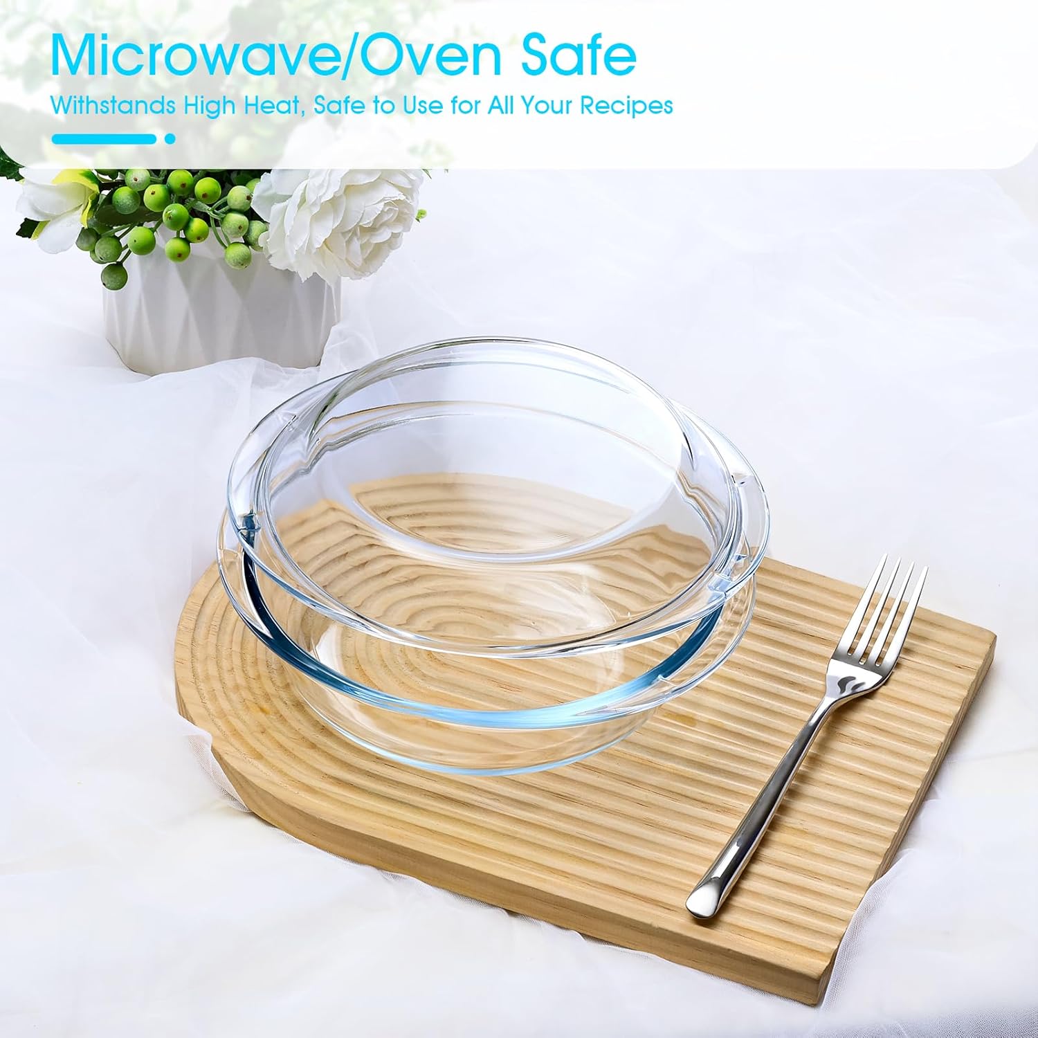2-Piece Glass Casserole Dish With Lid set of 2, 1 Liter Round Oven Safe Glass Bakeware with Handles, Microwave Oven Safe Glass Bowl with Lid