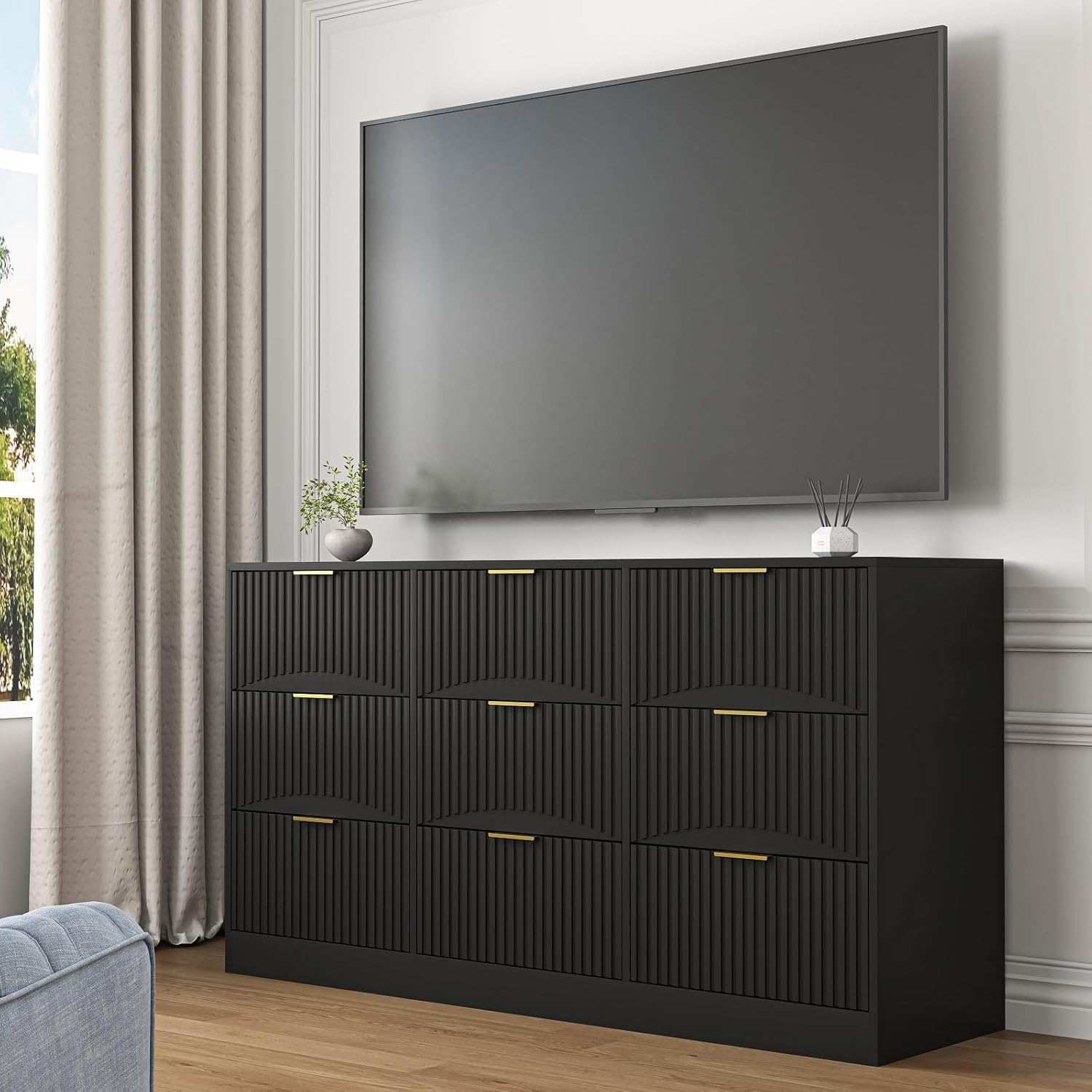 Fluted Black 9 Drawer Dresser for Bedroom, Modern Long Deep Drawer Dresser with Gold Handle,Large Chest of Drawer,Wood Bedroom Storage Furniture for Closet,Hallway