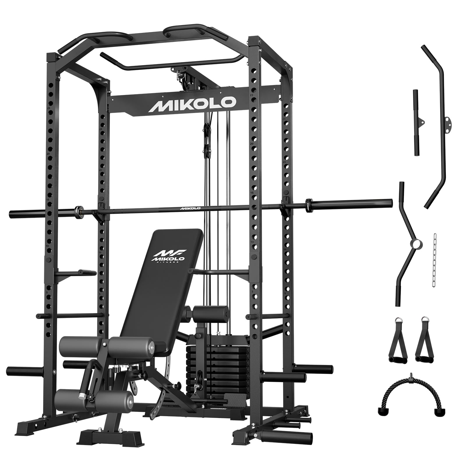 Mikolo F4 2.0 Power Cage with Dual-Track Smooth Pulley System, 1200LBS Power Rack with Leg Hold-Down for Heavy LAT Pulldowns