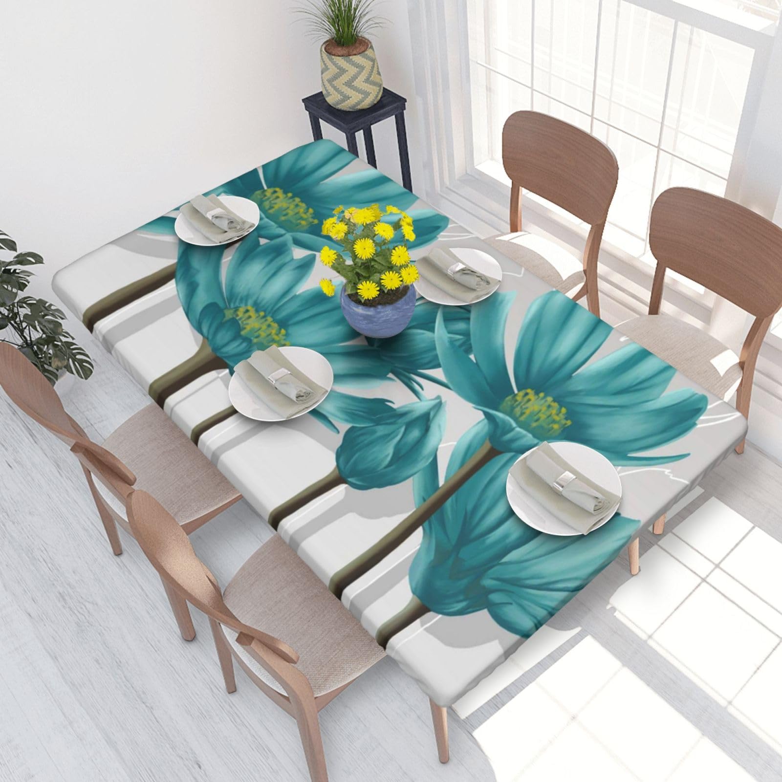 BNVSADC Teal Grey and White Floral Printed 4FT Tablecloth 122x76 CM Polyester Kitchen Water Resistant Table Cloth Dining Table Decoration Table Covers