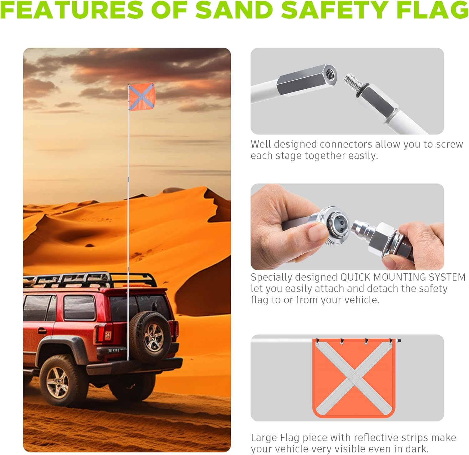 ZYEMILE 10ft High-Visibility Safety Flag with Reflective Strips & Quick-Connect Base - Heavy-Duty ATV/UTV Sand Flag for Off-Roading, Dune Buggies, Beach Riding - Durable Outdoor Safety Accessory for Dunes & Desert (Easy Install) - Image 6