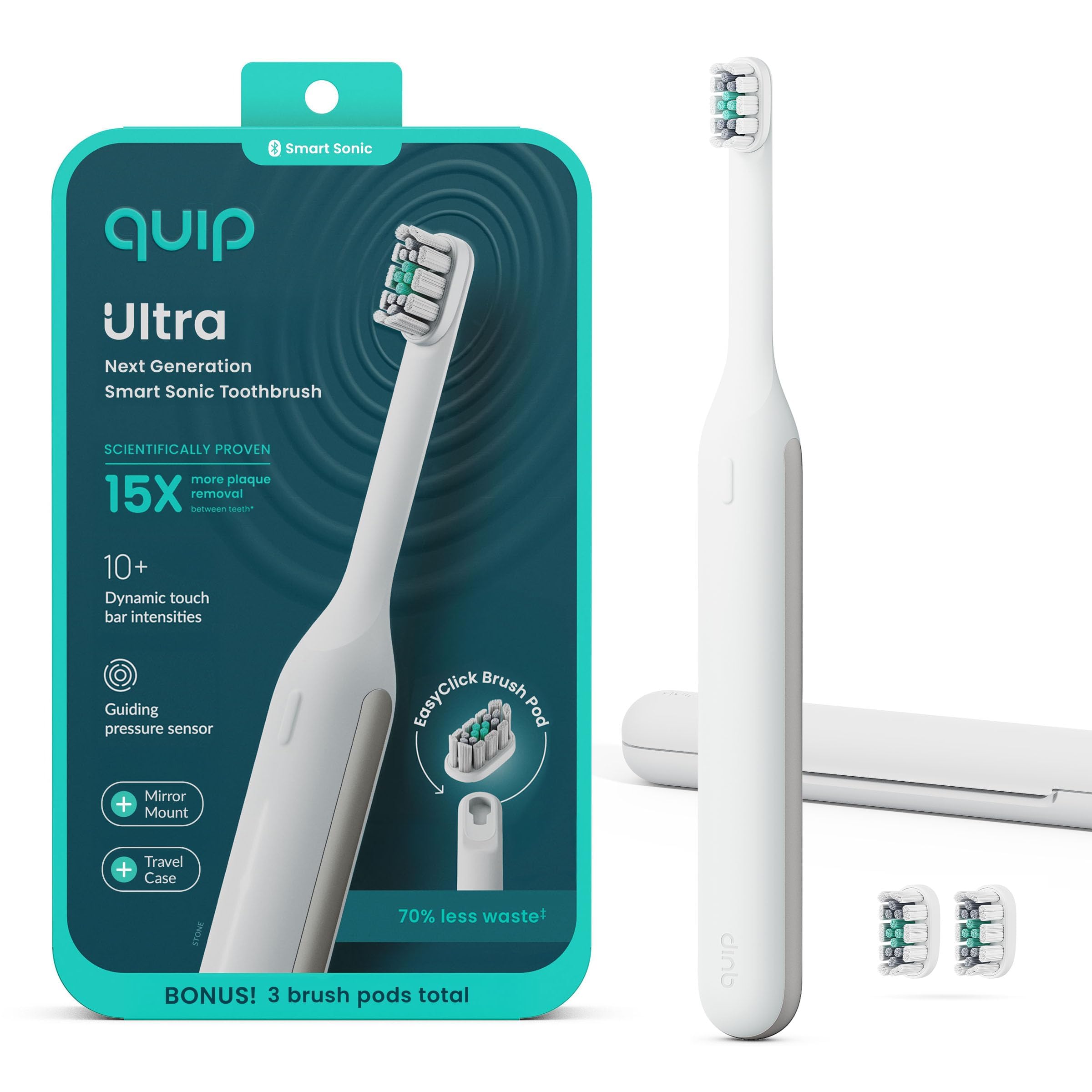 Quip Ultra Next Generation Smart Toothbrush - Timed Electric Toothbrush with Case - Replaceable Brush Head, Soft Bristles, Silicone Handle, 30-Day Battery Life - Travel Toothbrush - Stone