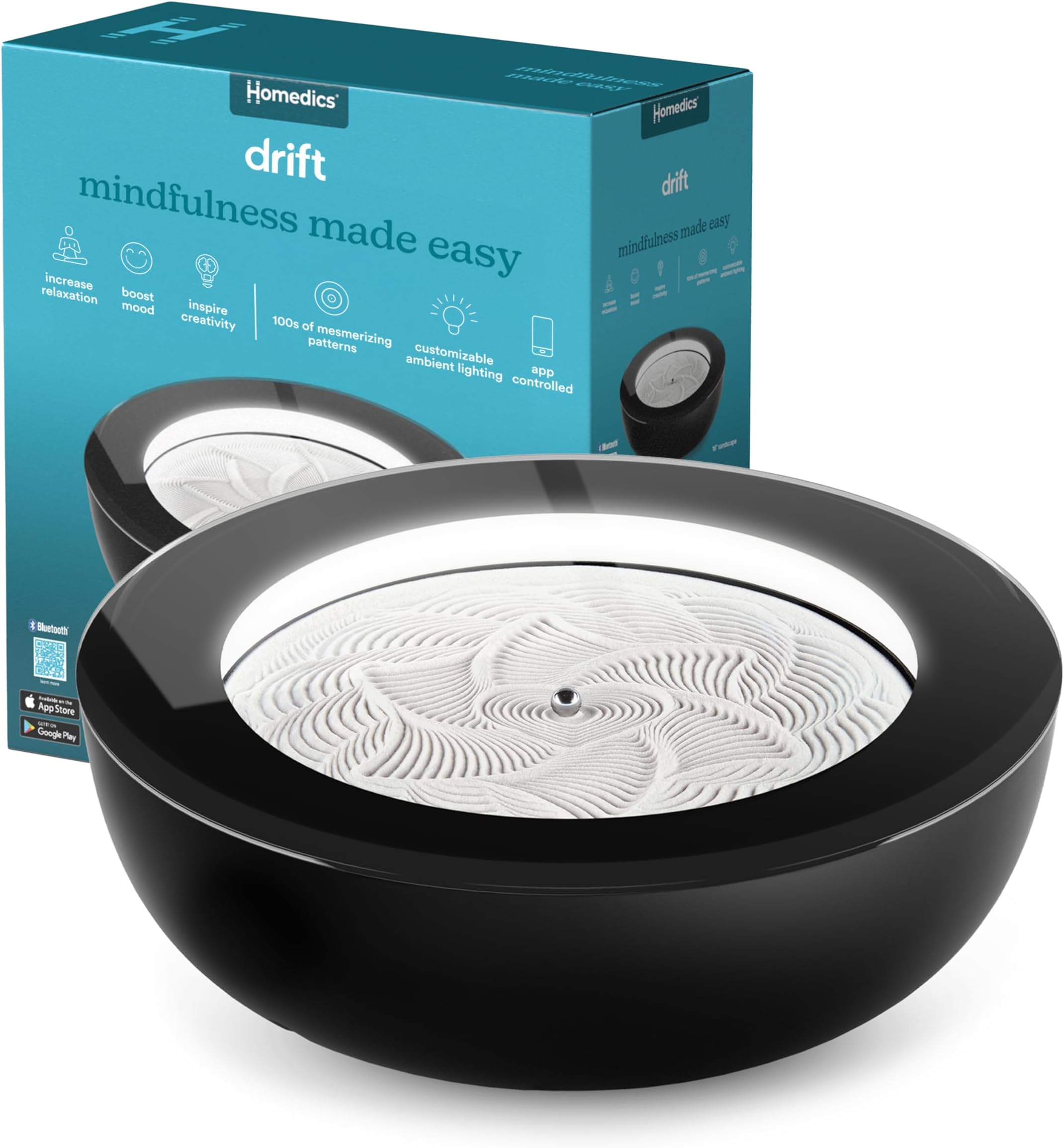Drift Sandscape, Kinetic Sand, Perpetual Motion Machine, Zen Garden, Meditation Accessories, Decorative Sandscape, Bluetooth, iOS, Android, by Homedics (16 Inch (Small), Black)