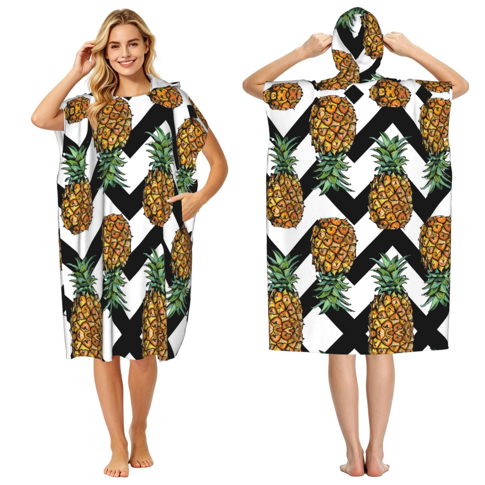 EZDLOWVBA Summer Pineapple Print Hooded Poncho Microfiber Beach Towel,Adult Women & Men Changing Robe,Lightweight Summer Surf Swim Bath Poncho Towel