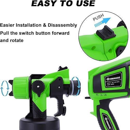 Miniatura 5 de Pulverizador de pintura, pistola eléctrica HVLP de 800 W con juntas de limpieza/soplado, 3 boquillas de 3 patrones y recipiente de 47.3 fl oz,