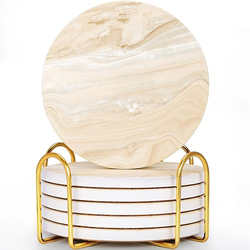 GOH DODD Juego de 6 posavasos para bebidas, de cerámica, absorbentes, estilo mármol, protección de mesa, decoración del hogar con soporte de metal