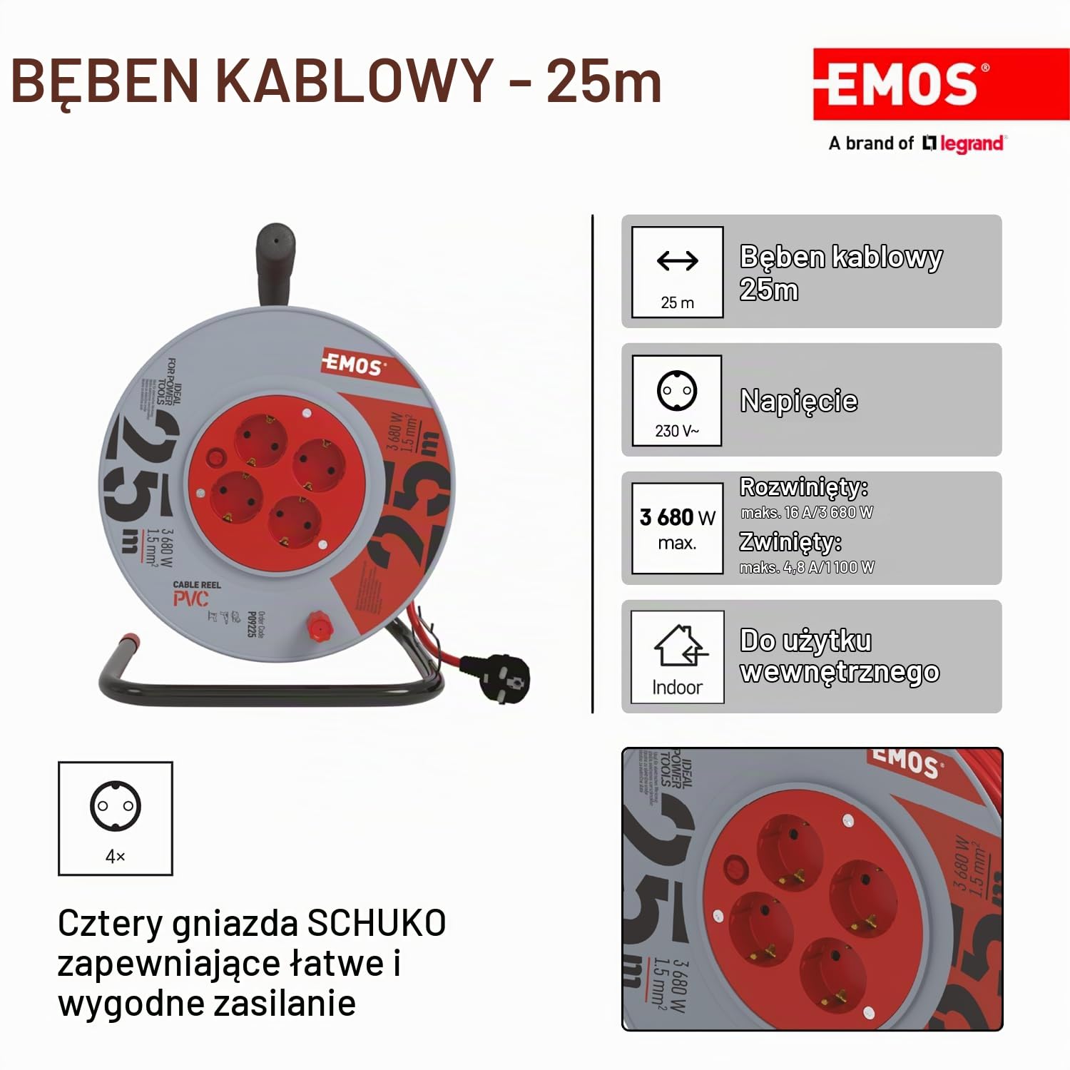 EMOS - Bęben kablowy 25 m – 4 gniazda Schuko – 230 V, 16 A, 3680 W – wysokiej jakości izolacja PCW – H05VV-F3G 1,5 mm² – zabezpieczenie przed przegrzaniem – IP20 do użytku wewnątrz pomieszczeń