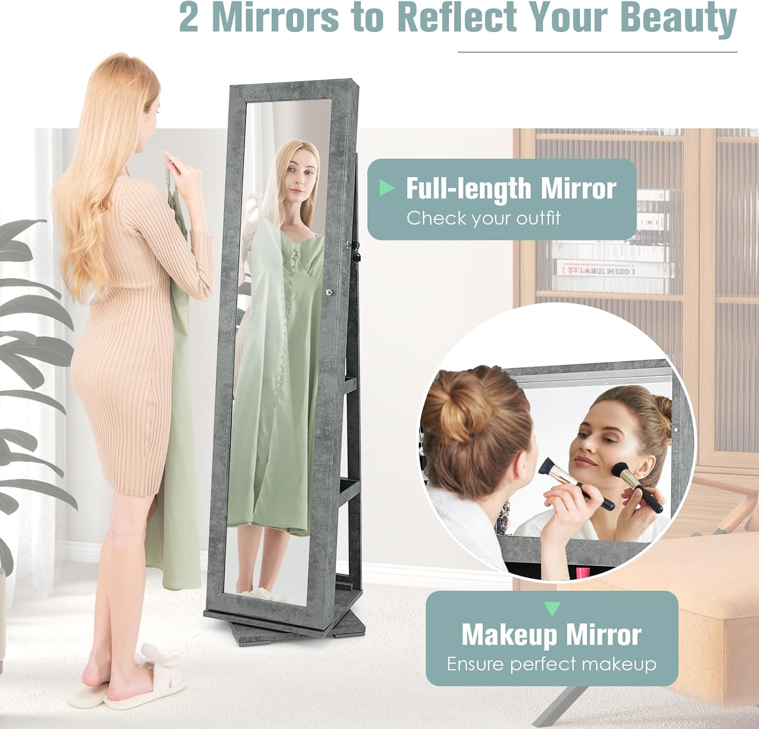 LOKO 360° Rotating Jewelry Armoire, Freestanding Jewelry Cabinet with Inside Makeup Mirror, 2-in-1 Lockable Jewelry Organizer w/Full-Length Mirror for Women (Stone Gray)