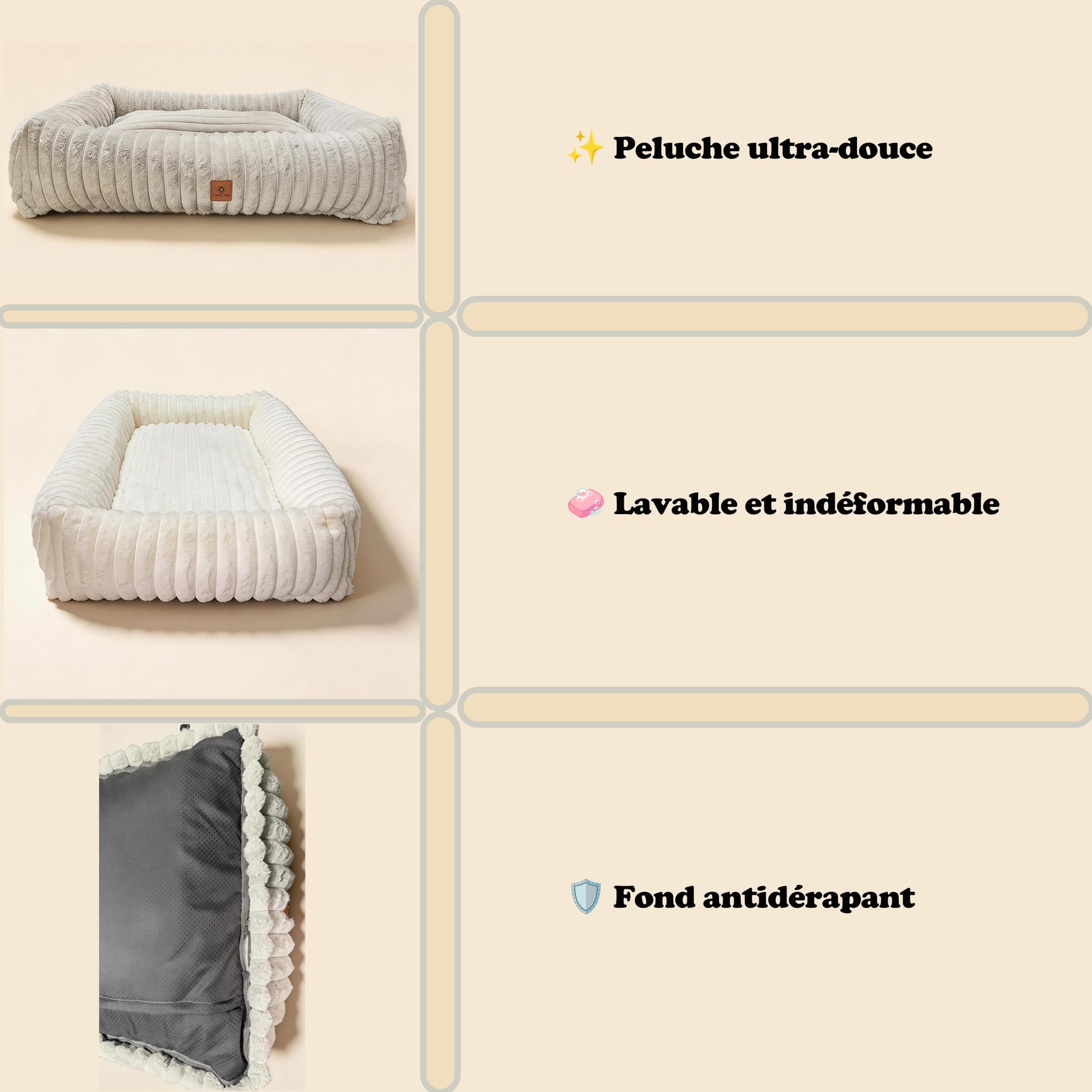 M Panier Chien Rectangulaire Texture Ondulée Crème – Lit pour Chien Moelleux Pelucheux Rempli de Coton, Bords Surélevés, Housse Déhoussable Lavable, Antidérapant, pour Petits et Moyens Chiens