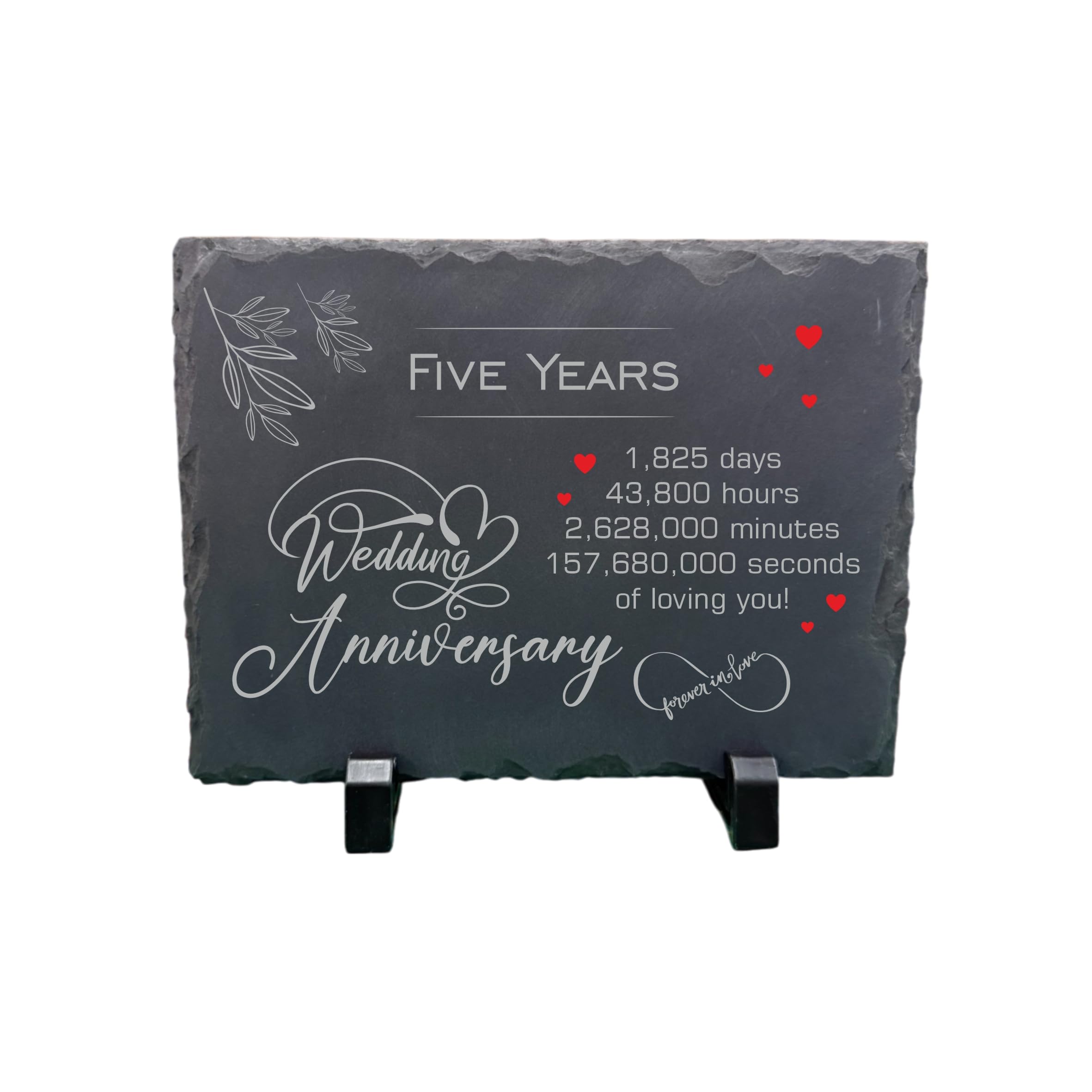 Precision Designs Black 5Th Wedding Anniversary Slate – Handcrafted Natural Stone Plaque With Stand – Romantic Fifth Year Keepsake – 1,825 Days Of Love – Forever In Love Design - 20Cm X 15Cm