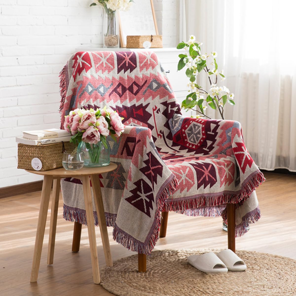 LumiSyne Cotton Woven Throw Blanket With Tassel Double-Sided Jacquard Bohemian Geometric Pattern Vintage Ethnic Style Decorative Throws For Sofa Bed Armchair Camping Blanket Tapestry Tablecloth Carpet