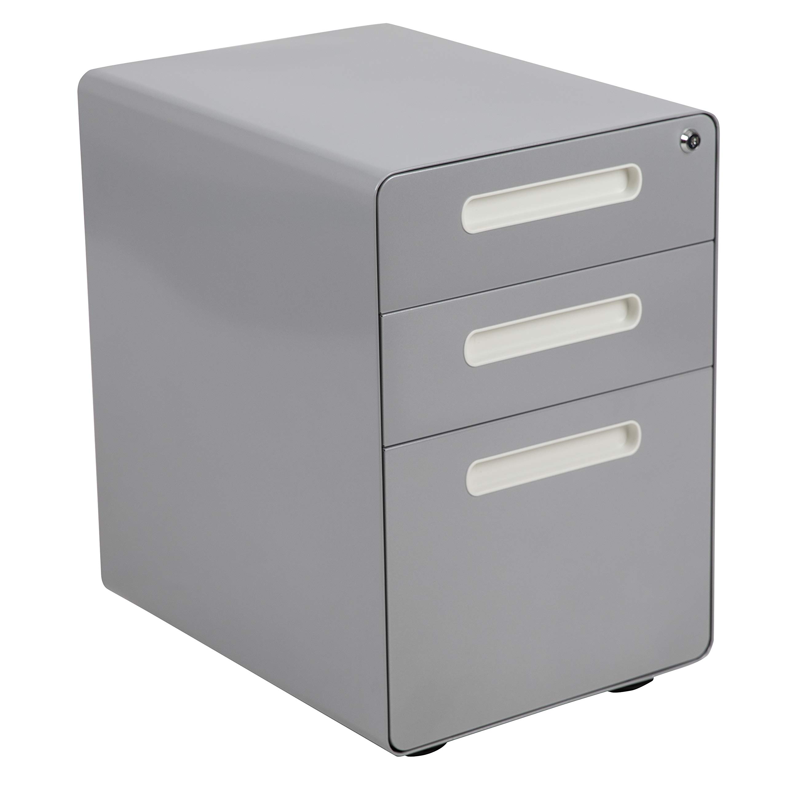 Flash Furniture WREN - Archivador ergonómico de 3 cajones con Mecanismo antibalancín, cajón Colgante para Bandeja Derecha y Cartas, Color Gris