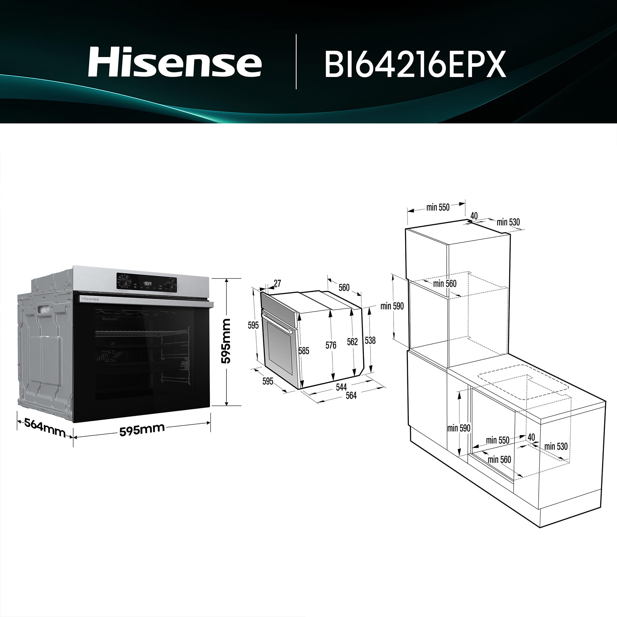 Hisense BI64216EPX - Horno Multifunción Pirolítico, Clase A++, 78L, Fondo 57cm, Guía Telescópica, Calentamiento Rápido, Apertura Y Cierre Suave de Puerta, Air Fry, Modo Pizza, Modo Congelados, Inox