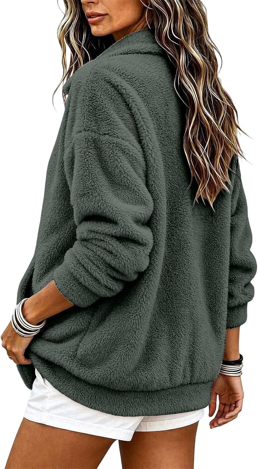 Women's Fuzzy Jacket Zip Up Long Sleeve Collared Casual Winter Coat