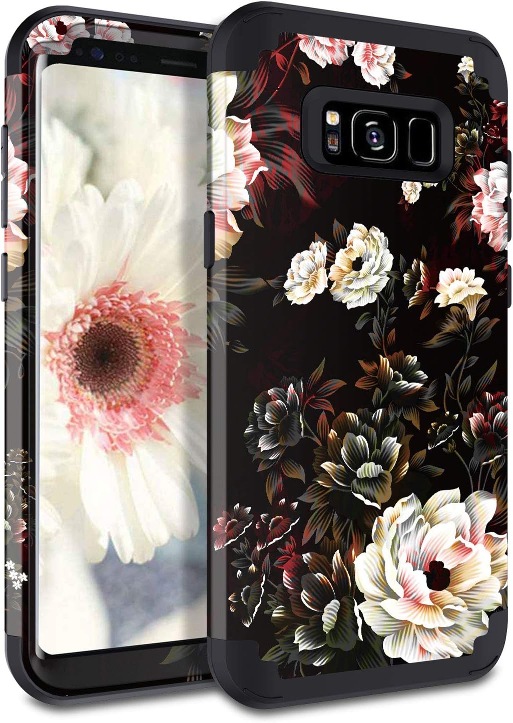 LONTECT Compatible Galaxy S8 Case Floral 3 in 1 Heavy Duty Hybrid Sturdy High Impact Shockproof Protective Cover Case for Samsung Galaxy S8, Black/White Flower