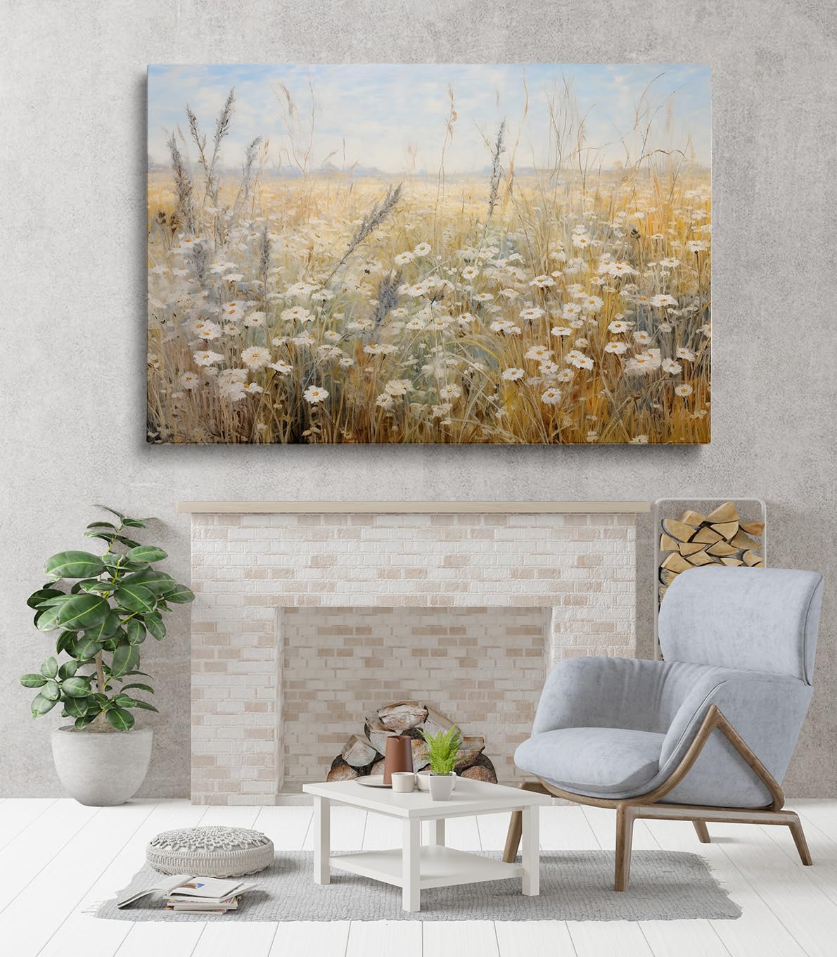 Tableau Mural Vintage Sur Toile - Motif Marguerites Blanches En Prairie Automnale - Neuf, Fait Main UK