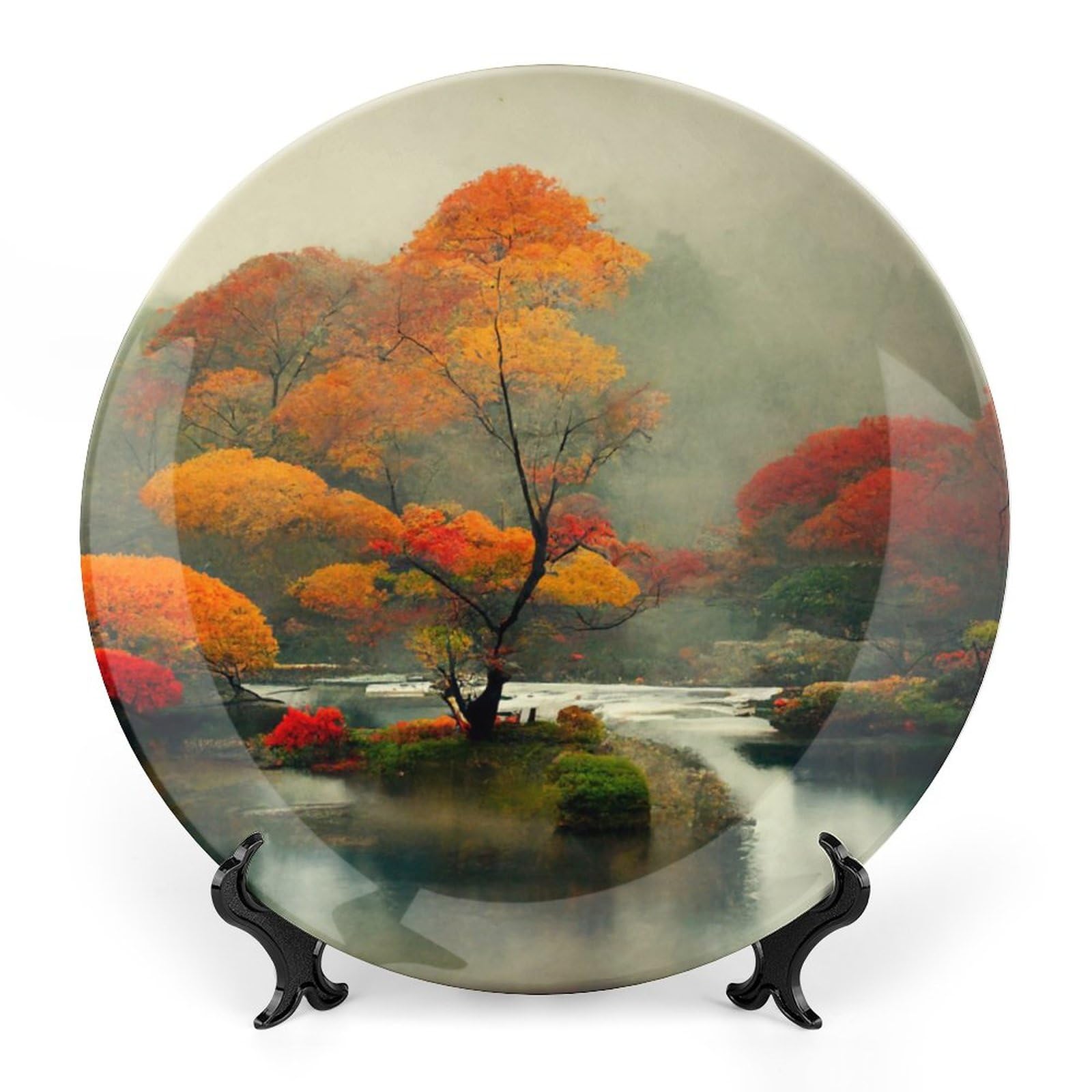 Autumn Decorative Plates, Japan Autumn Landscape Maple Trees Painting Display Plate for Home Wall Office Kitchen Table Decor Porcelain Plates 7 Inch, Thanksgiving Gifts