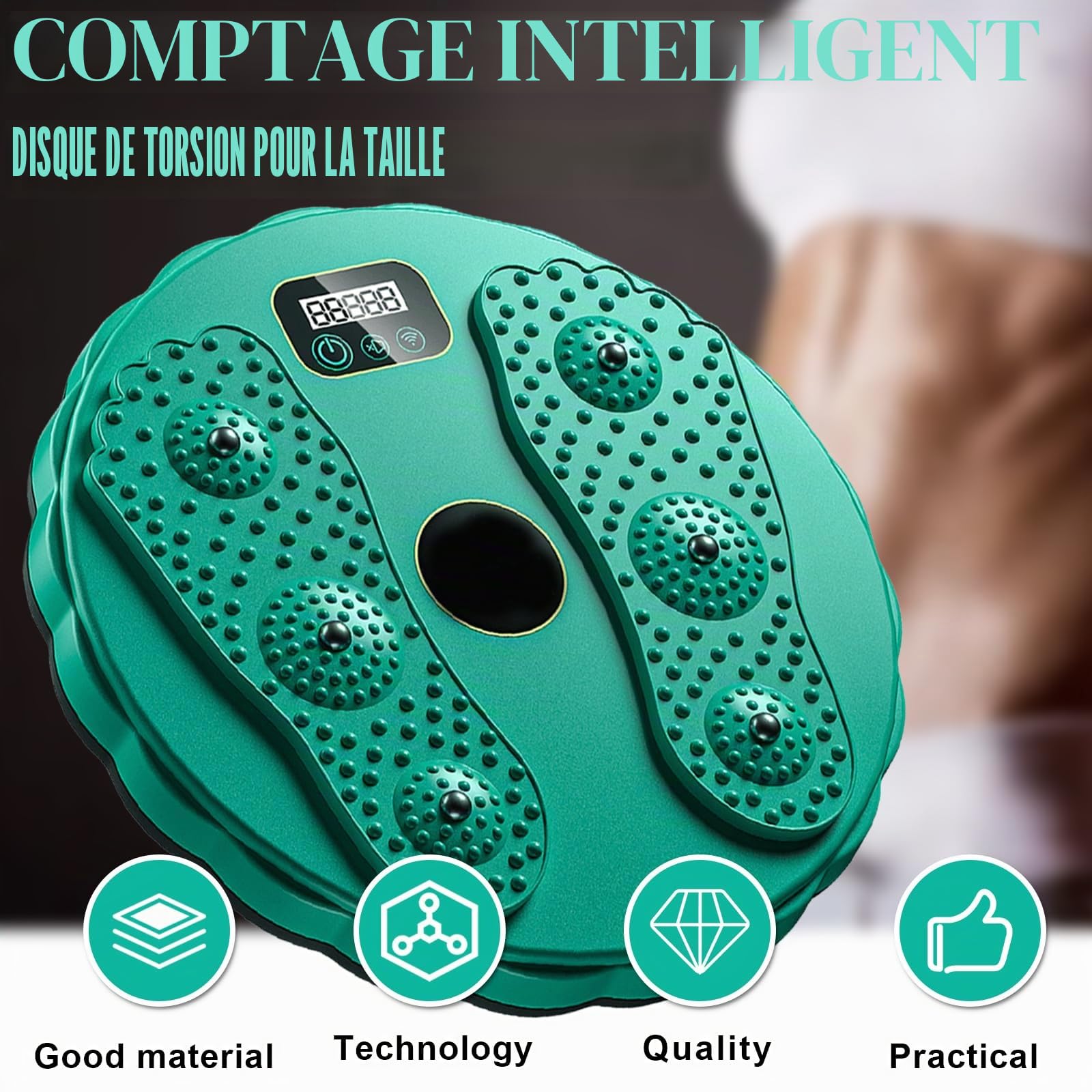 Tour de taille avec compteur - Disque rotatif de taille avec plante des pieds - Antidérapant - Entraînement aérobique - Pour massage des pieds et de la taille - Charge maximale : 300 kg - Vert