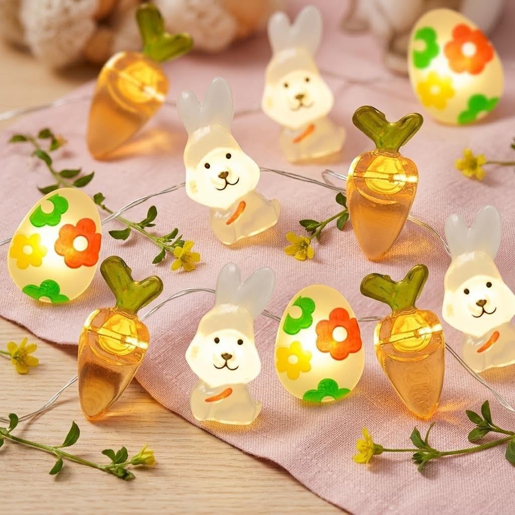 HHMTAKA 30 Warm White LED Battery Easter Bunny & Carrot & Egg Micro Fairy Lights 3M Decorative String Fairy Lights with 2 Modes for Any Decoration