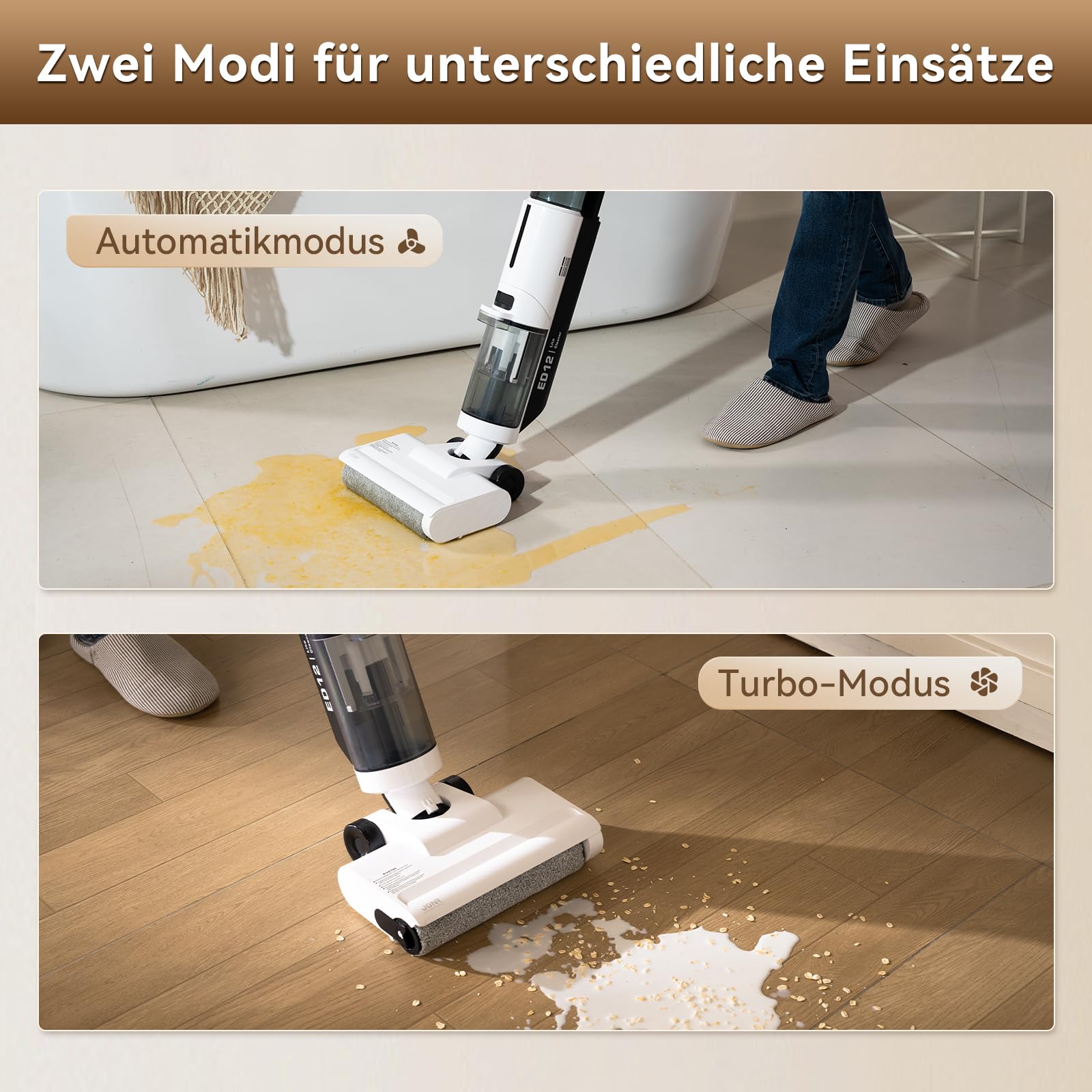 JONR ED12 Lite Nass Trockensauger Akku, Selbstreinigung, Saug Wisch Staubsauger, Saugwischer Kabellos, Kantenreinigungsbürste 6mm, 750mL Wassertank, Anti-Verwirrungs-Haar für Harte Boden, Tierhaare